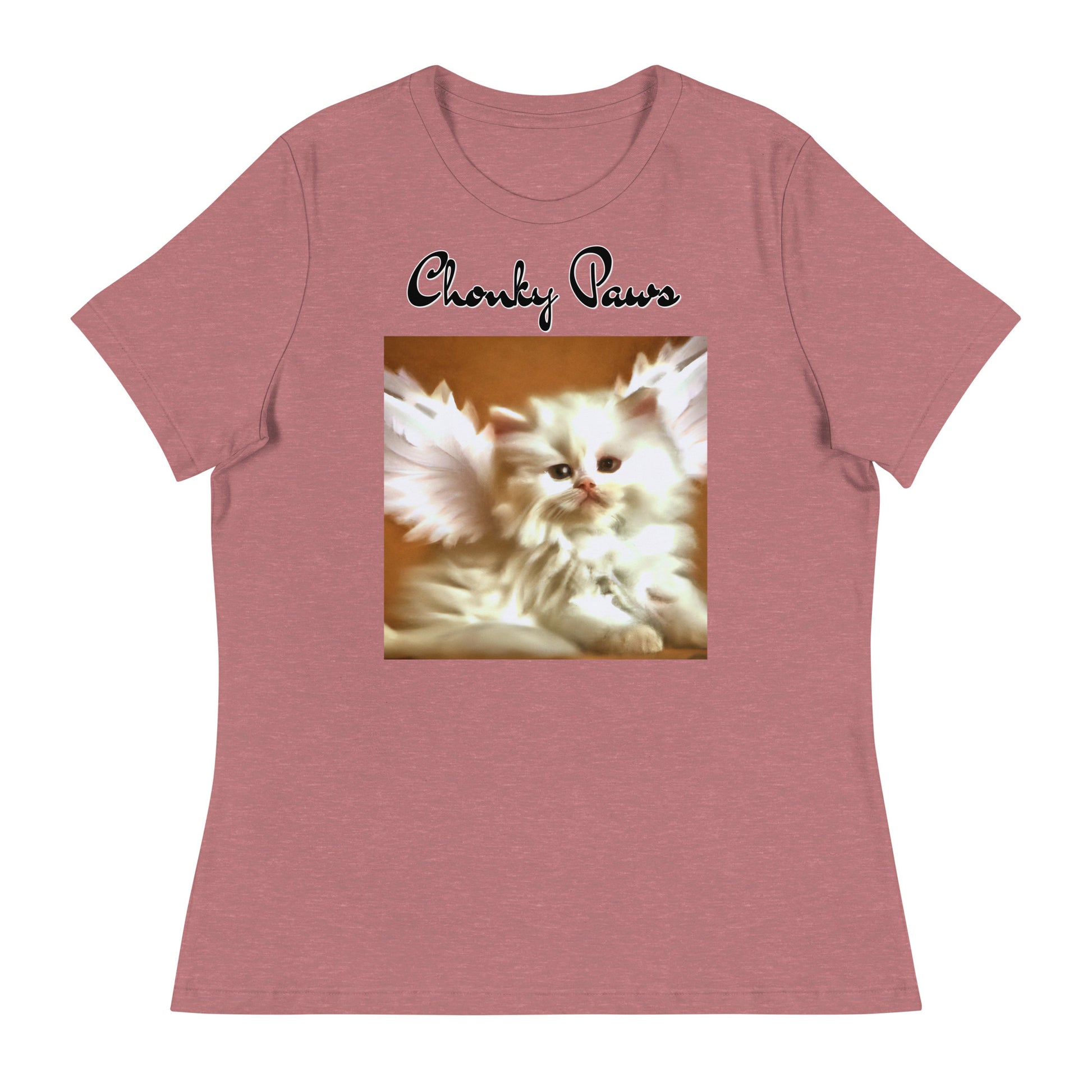 Women's T-Shirt with Fluffy White Kitten With Angel Wings with a text "Chonky Paws" at $25.97 found at Personalizedpetlovergifts