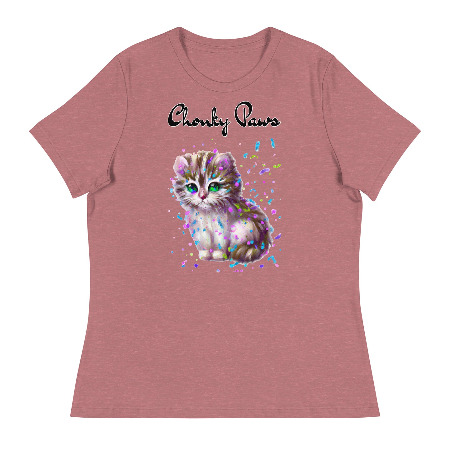 Women's T-Shirt with Fluffy Kitten With Confetti with a text "Chonky Paws" at $25.97 found at Personalizedpetlovergifts