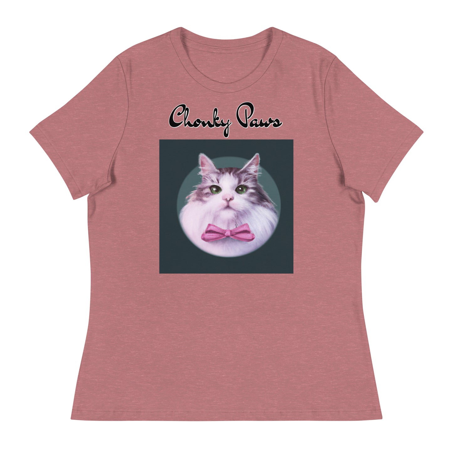 Women's T-Shirt with Fluffy Kitten With a Pink Bow with a text "Chonky Paws" at $25.97 found at Personalizedpetlovergifts