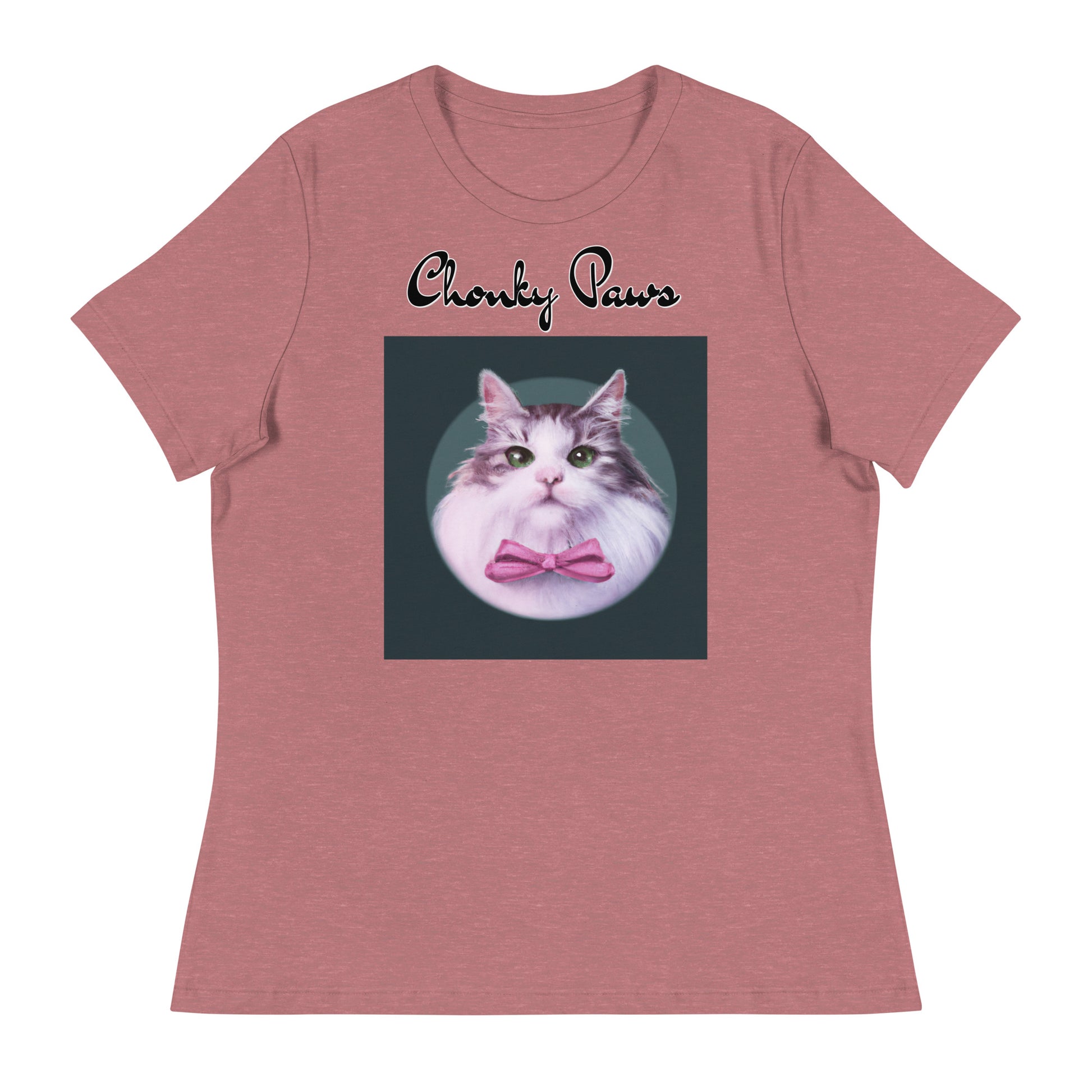 Women's T-Shirt with Fluffy Kitten With a Pink Bow with a text "Chonky Paws" at $25.97 found at Personalizedpetlovergifts