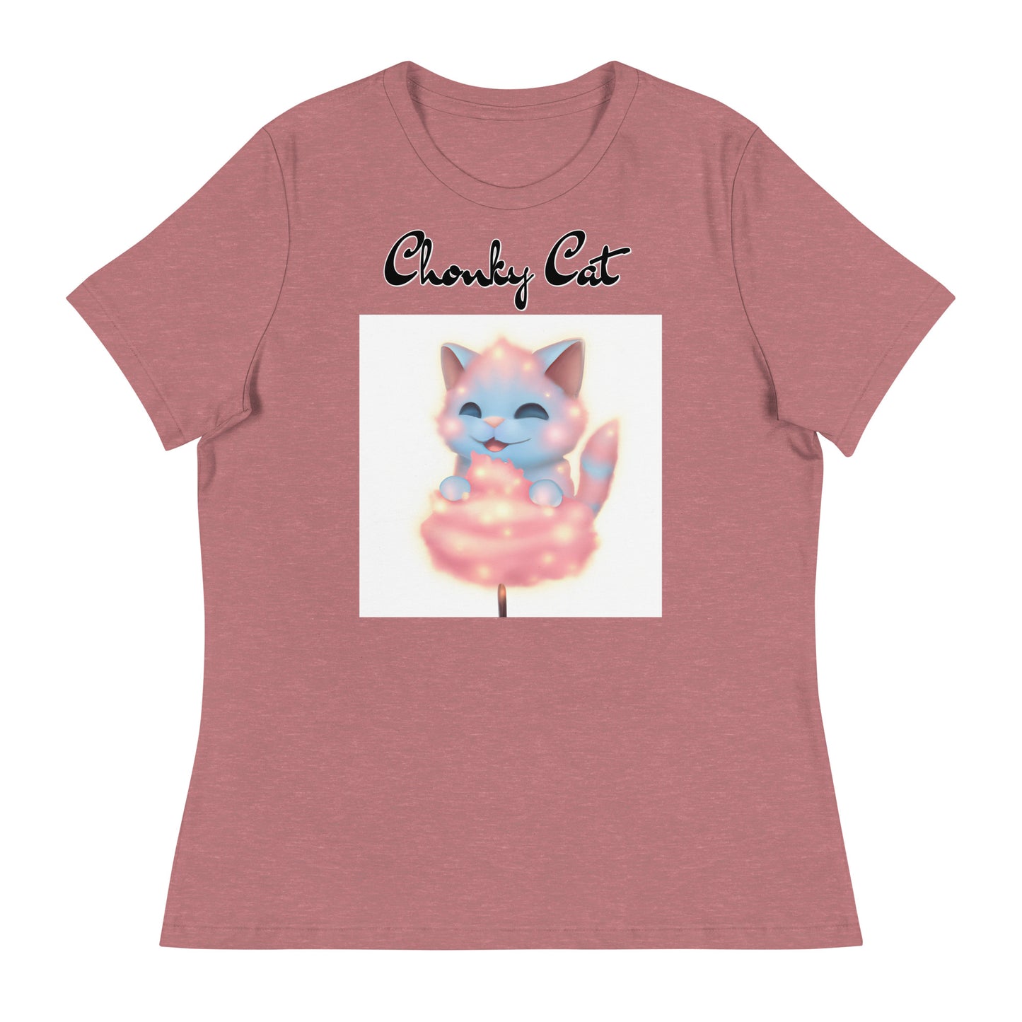 Women's T-Shirt with Kitten Enjoying a Cotton Candy with a text "Chonky Cat" at $25.97 found at Personalizedpetlovergifts