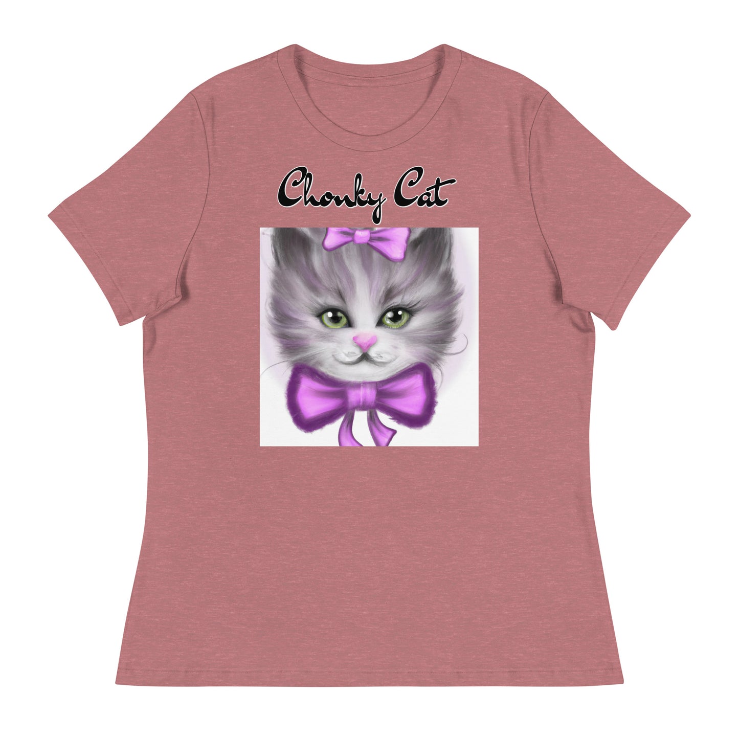 Women's T-Shirt with Happy Kitten With a Purple Bow with a text "Chonky Cat" at $25.97 found at Personalizedpetlovergifts