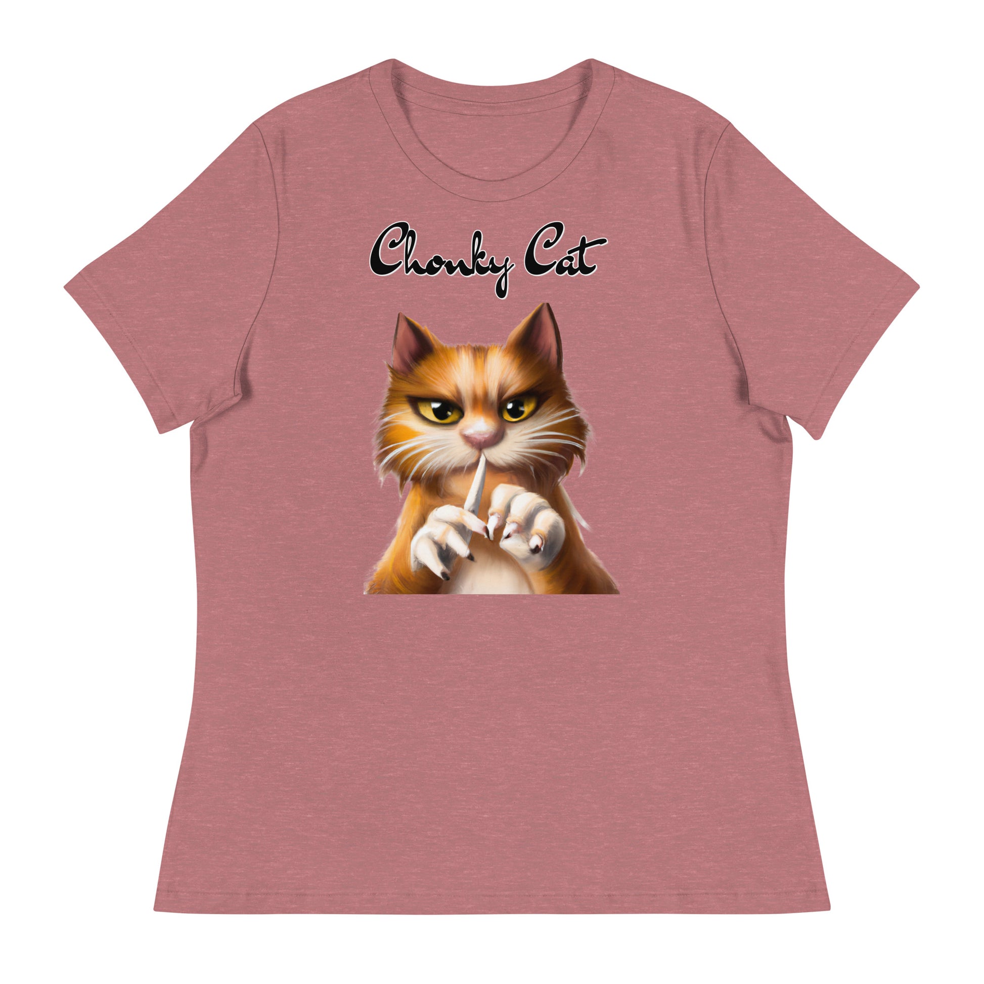 Women's T-Shirt with Ginger Cat Filing Its Nails with a text "Chonky Cat" at $25.97 found at Personalizedpetlovergifts