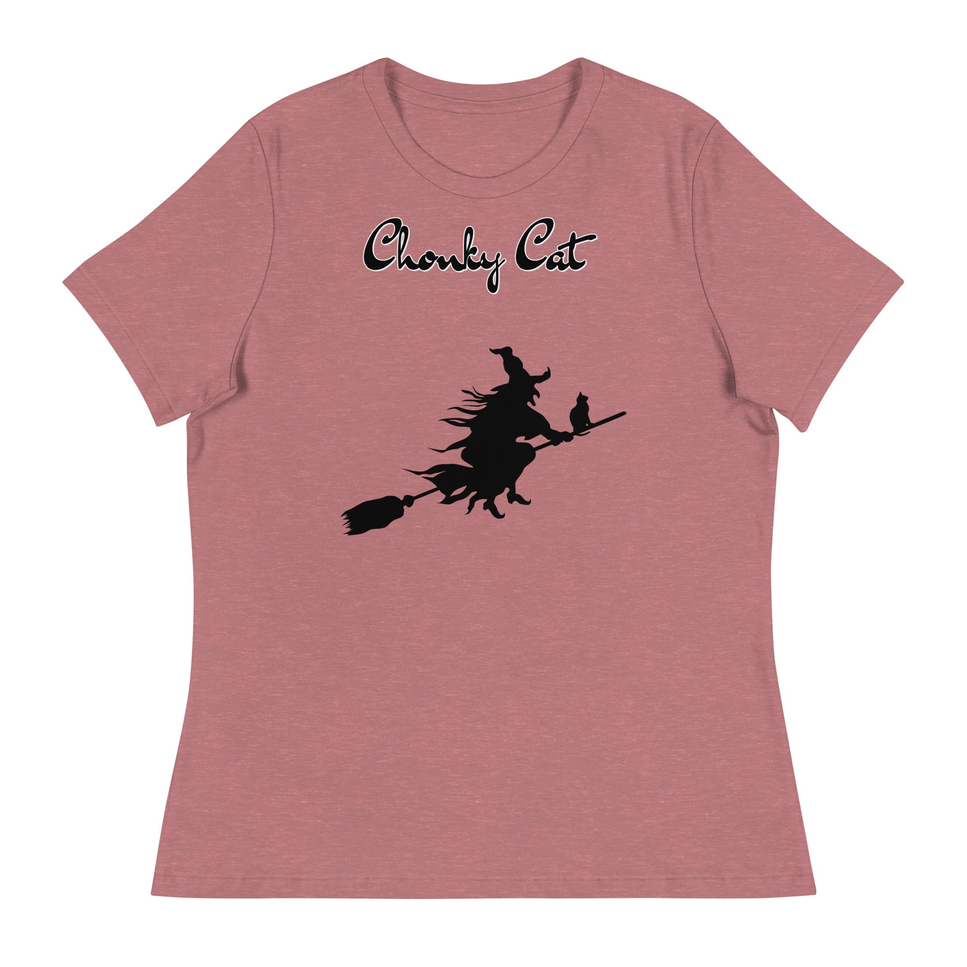 Women's T-Shirt with Flying Witch With Cat On a Broom with a text "Chonky Cat" at $25.97 found at Personalizedpetlovergifts