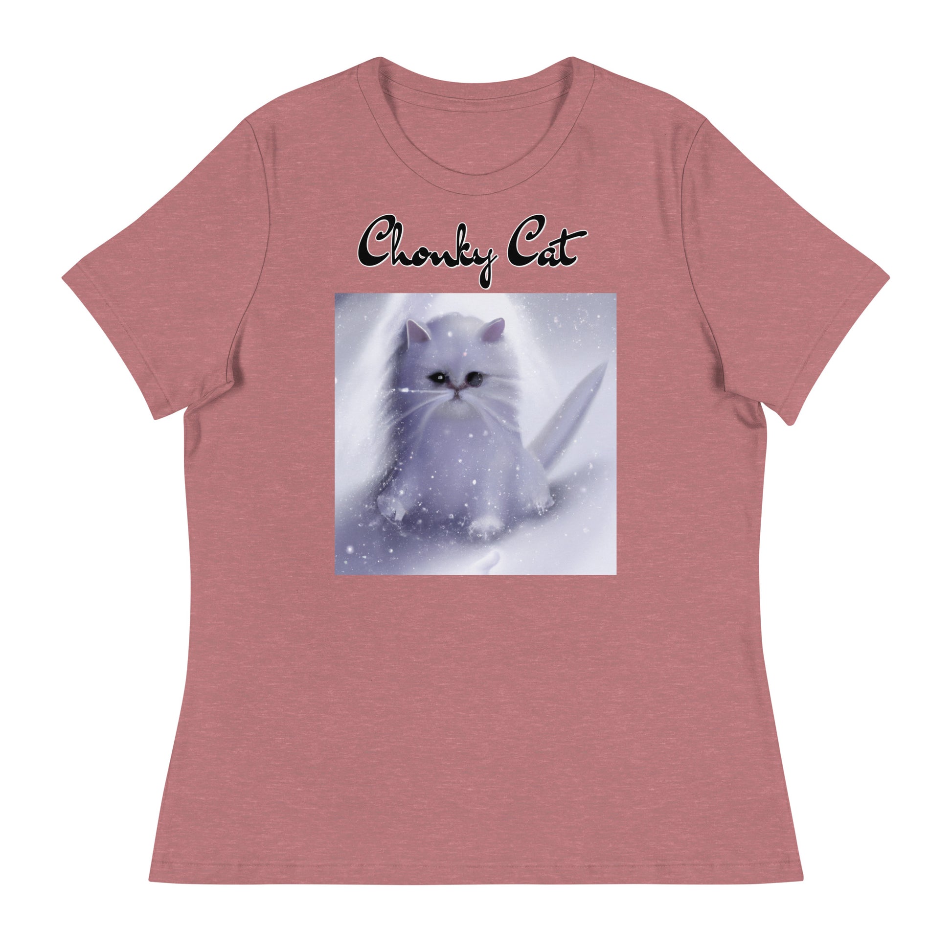 Women's T-Shirt with Fluffy White Kitten In The SNow with a text "Chonky Cat" at $25.97 found at Personalizedpetlovergifts