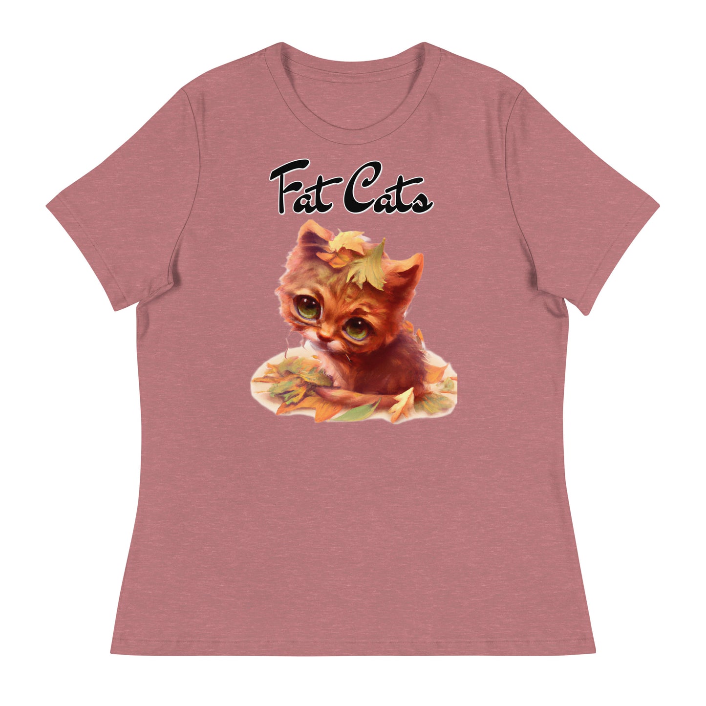 Women's T-Shirt with Ginger Cat With Autumn Leaves with a text "Fat Cats" at $25.97 found at Personalizedpetlovergifts