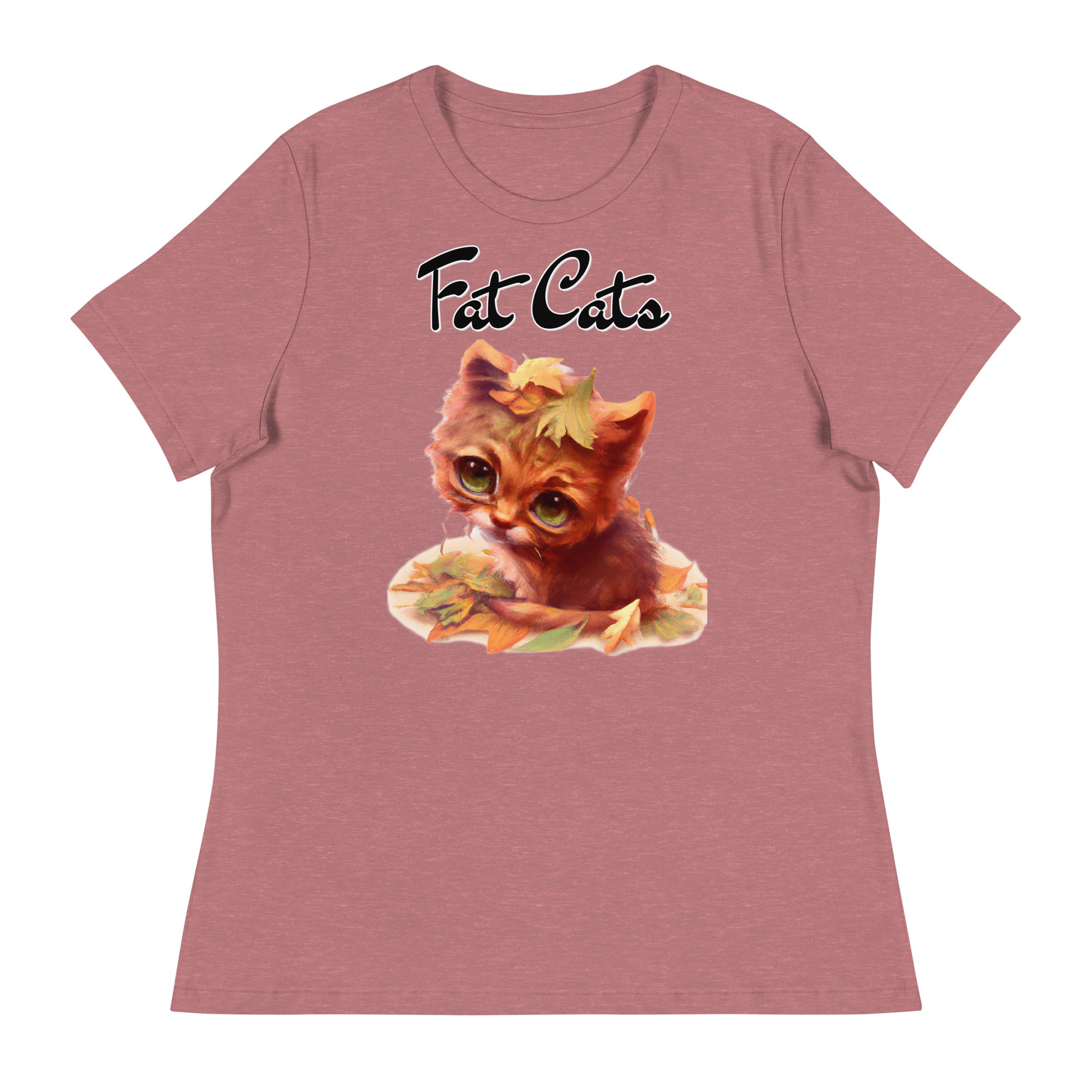 Women's T-Shirt with Ginger Cat With Autumn Leaves with a text "Fat Cats" at $25.97 found at Personalizedpetlovergifts