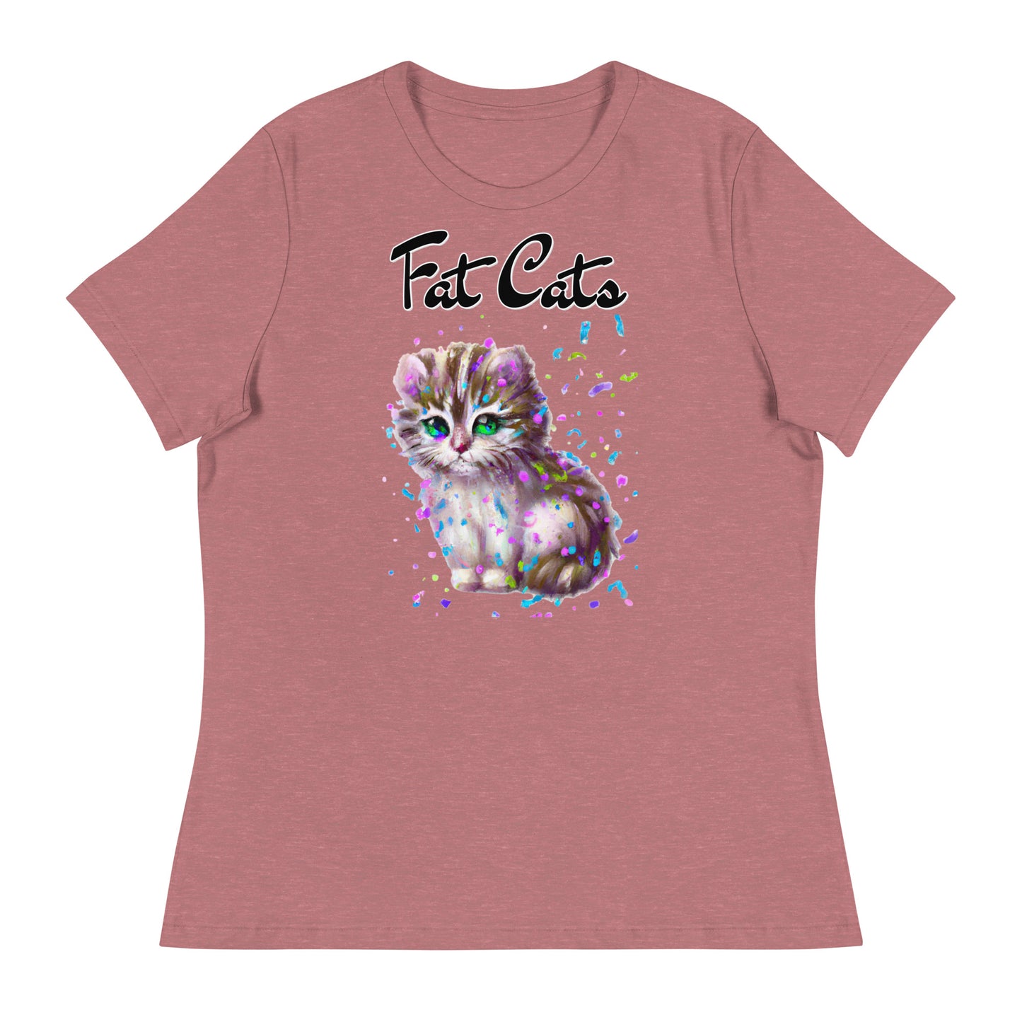 Women's T-Shirt with Fluffy Kitten With Confetti with a text "Fat Cats" at $25.97 found at Personalizedpetlovergifts