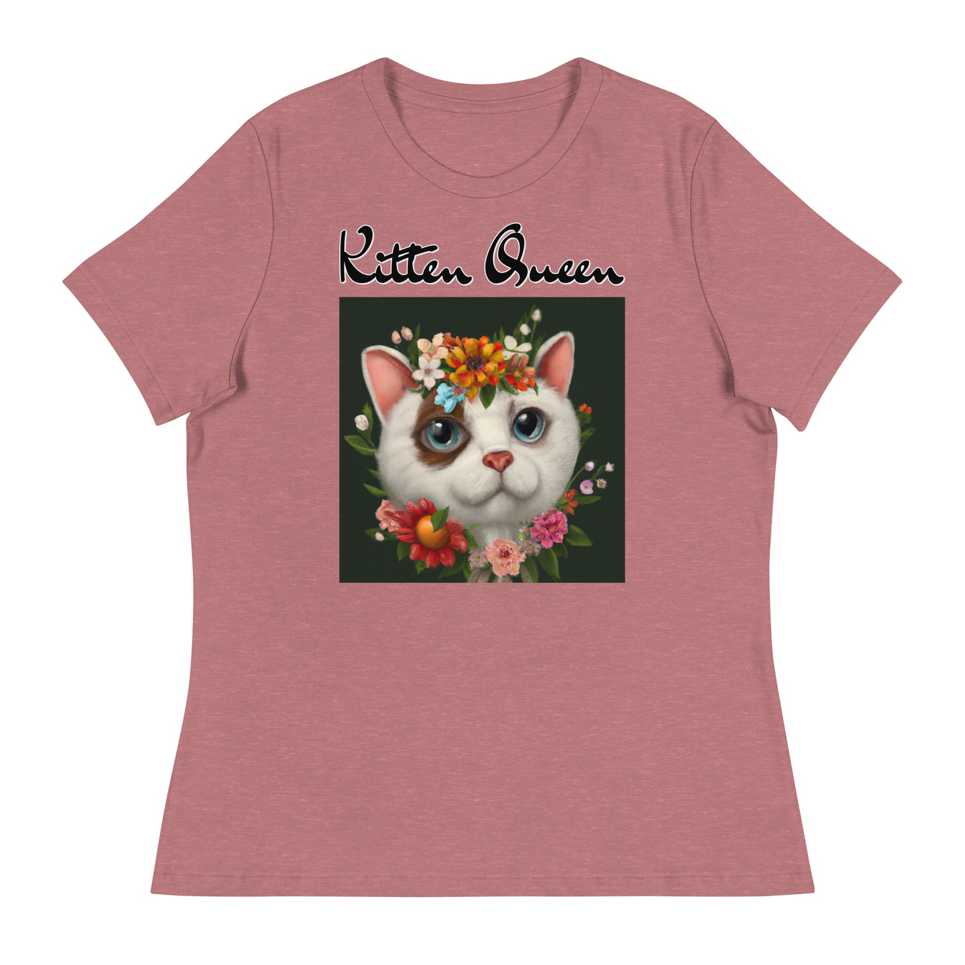 Women's T-Shirt with Happy Cat Portrait With Flowers with a text "Kitten Queen" at $25.97 found at Personalizedpetlovergifts