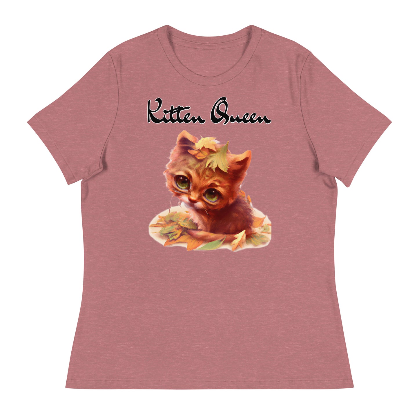 Women's T-Shirt with Ginger Cat With Autumn Leaves with a text "Kitten Queen" at $25.97 found at Personalizedpetlovergifts