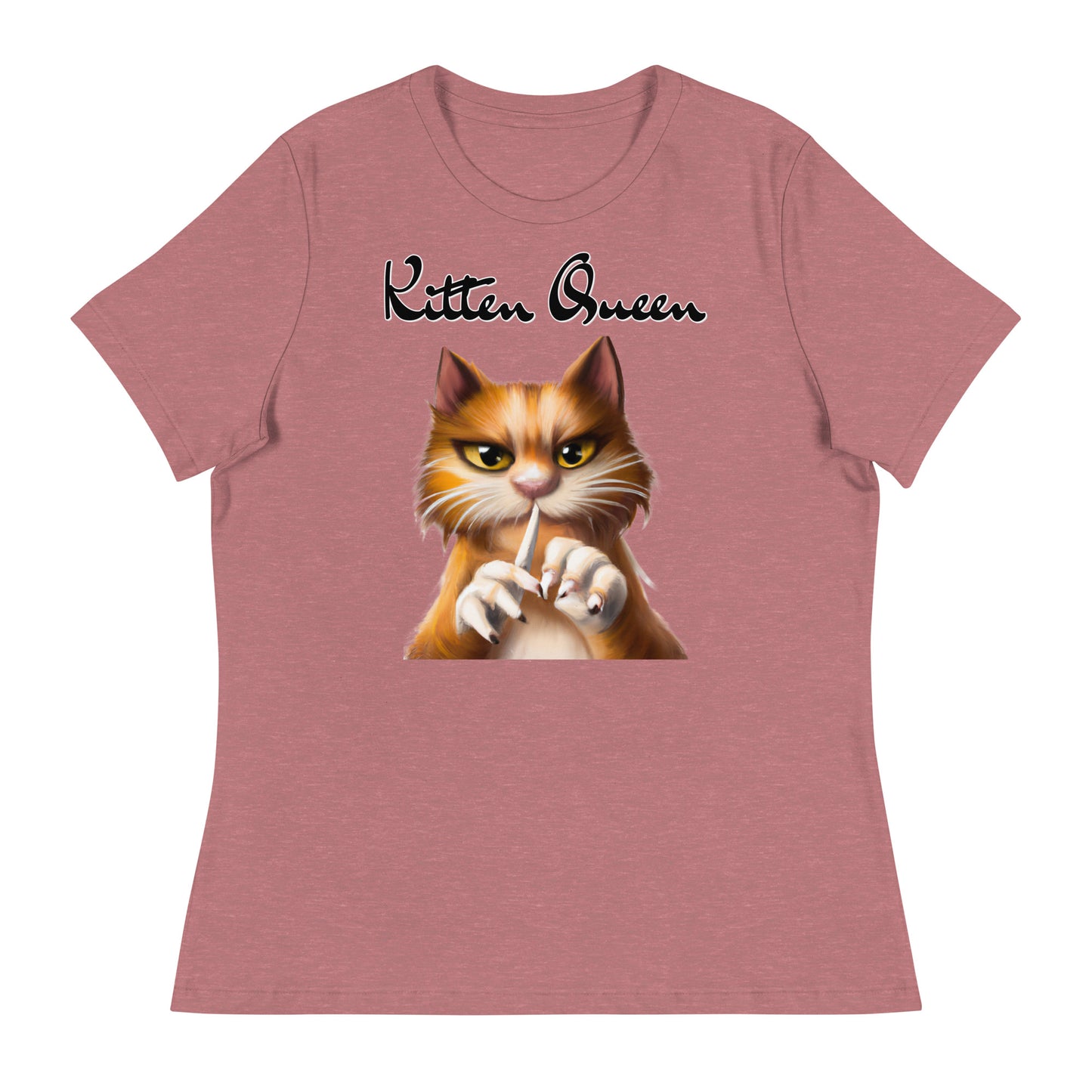 Women's T-Shirt with Ginger Cat Filing Its Nails with a text "Kitten Queen" at $25.97 found at Personalizedpetlovergifts