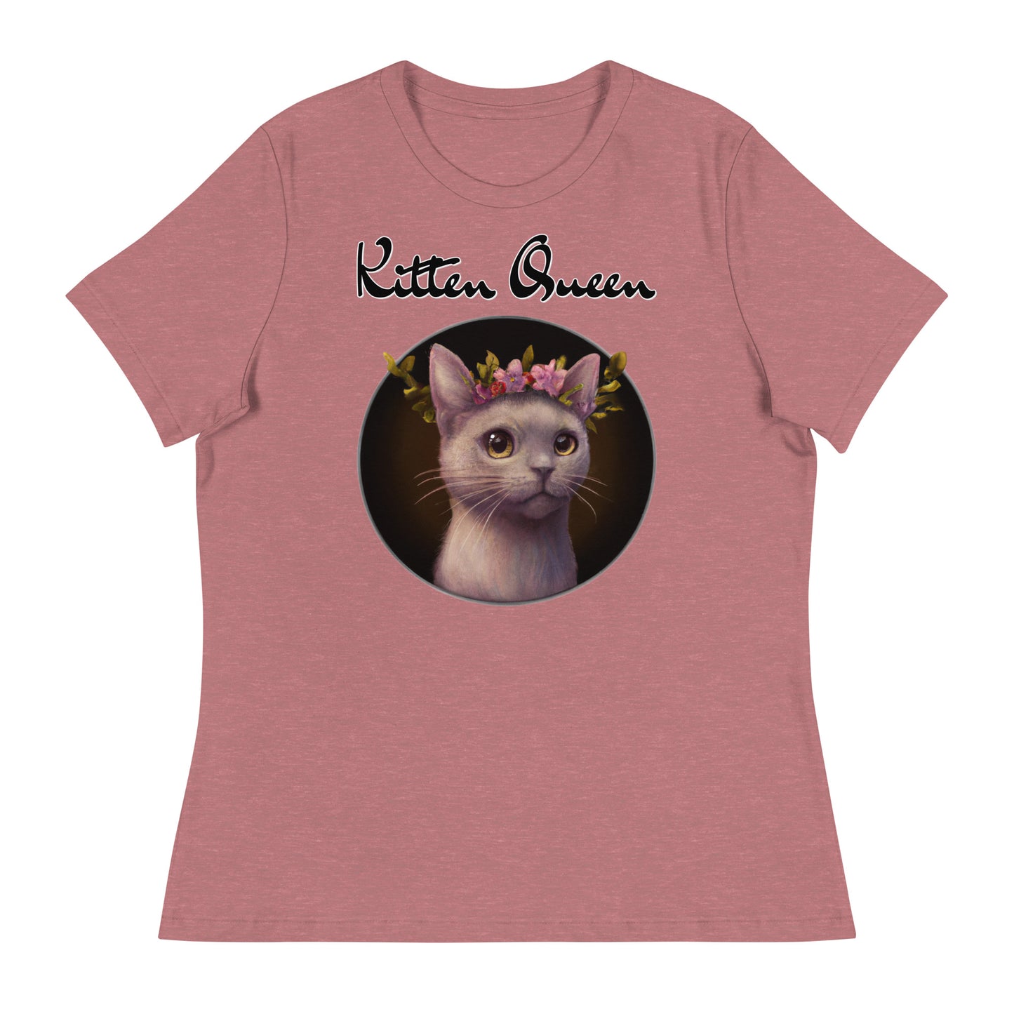 Women's T-Shirt with Gentle Cat With Pink Floral Headpiece with a text "Kitten Queen" at $25.97 found at Personalizedpetlovergifts