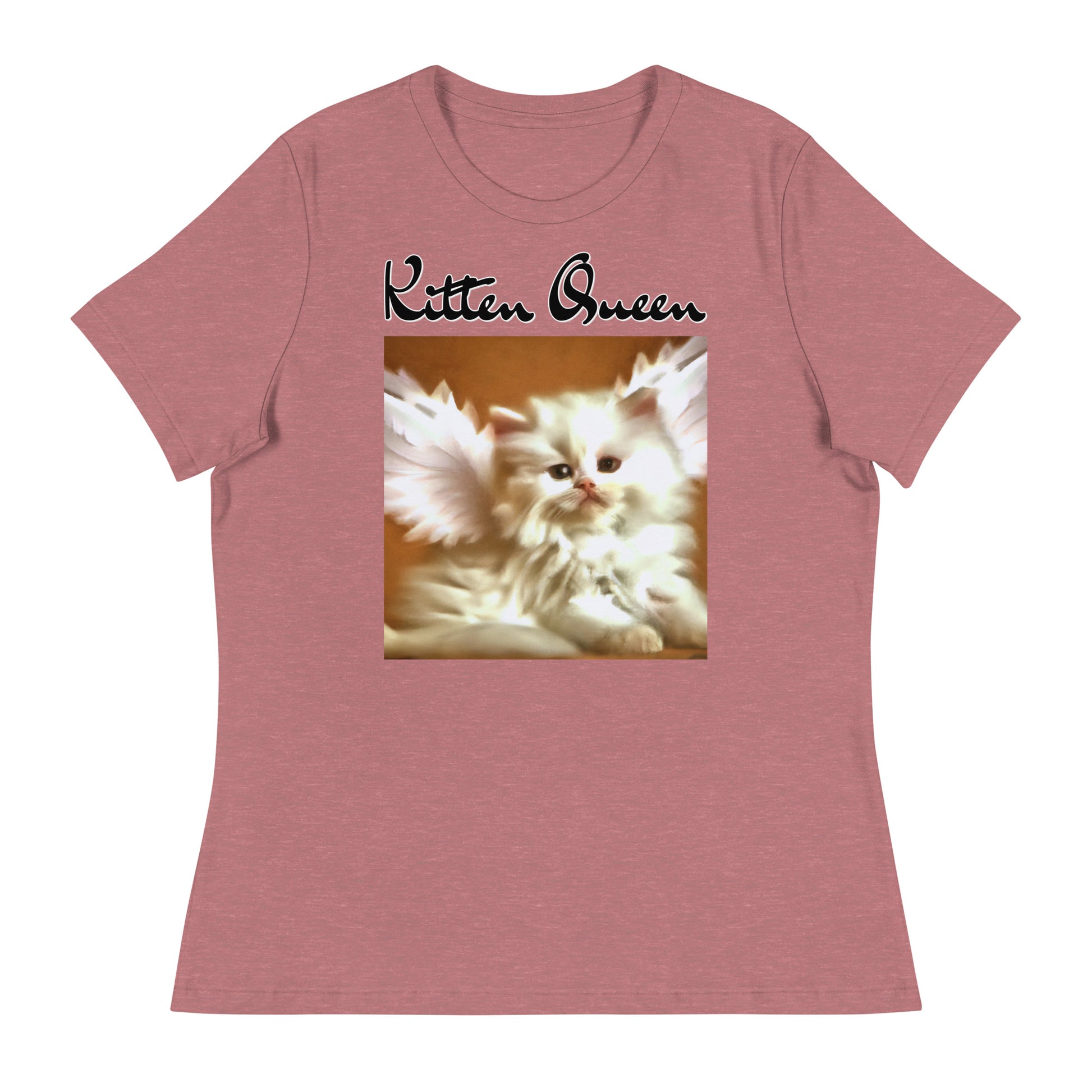 Women's T-Shirt with Fluffy White Kitten With Angel Wings with a text "Kitten Queen" at $25.97 found at Personalizedpetlovergifts