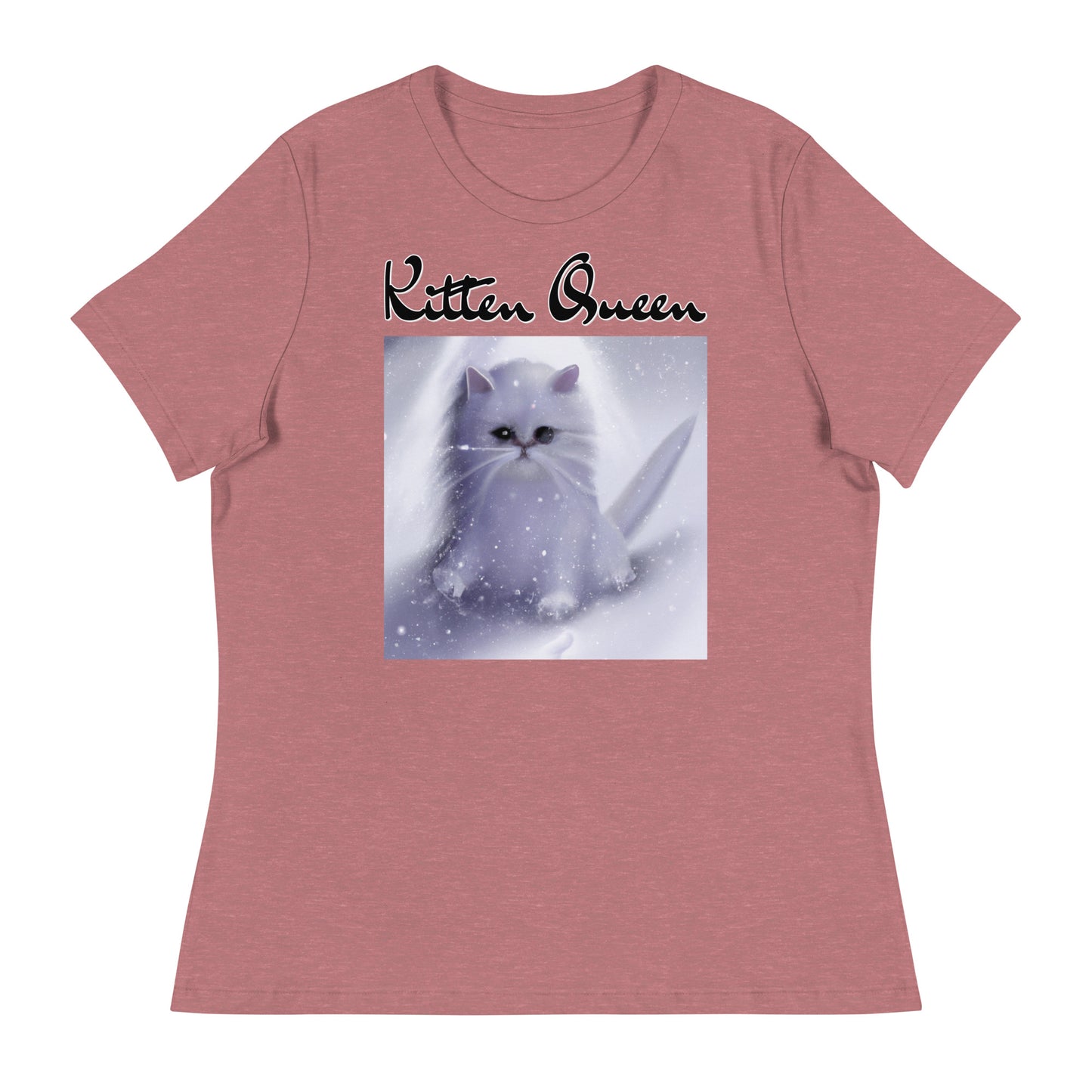 Women's T-Shirt with Fluffy White Kitten In The SNow with a text "Kitten Queen" at $25.97 found at Personalizedpetlovergifts