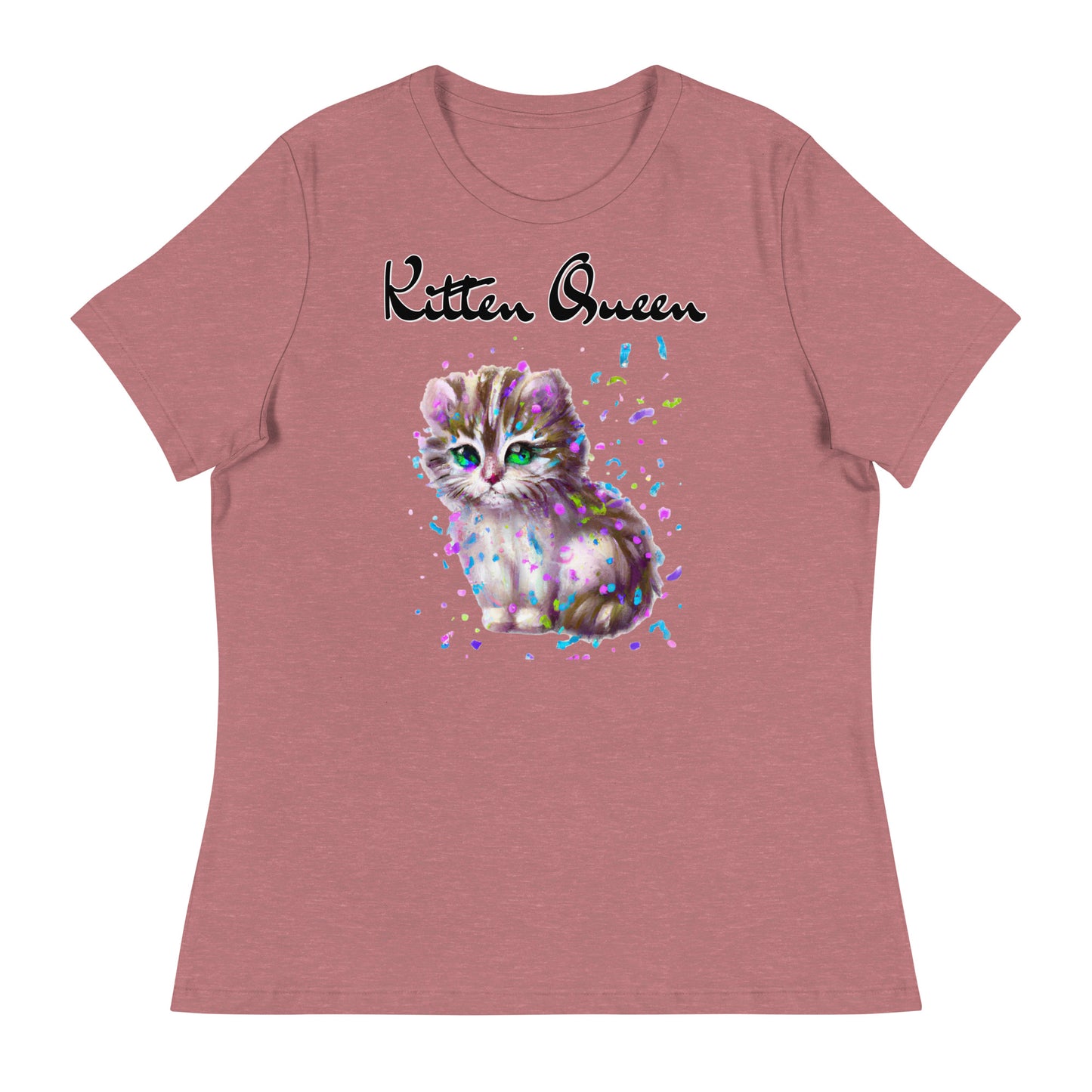 Women's T-Shirt with Fluffy Kitten With Confetti with a text "Kitten Queen" at $25.97 found at Personalizedpetlovergifts