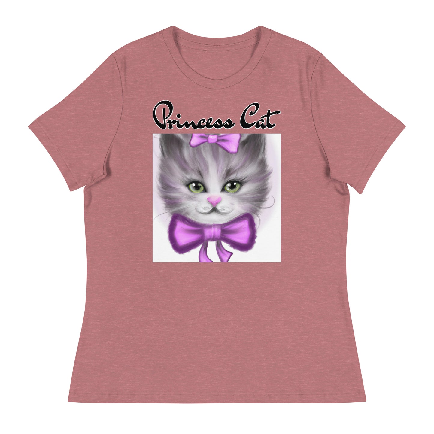 Women's T-Shirt with Happy Kitten With a Purple Bow with a text "Princess Cat" at $25.97 found at Personalizedpetlovergifts