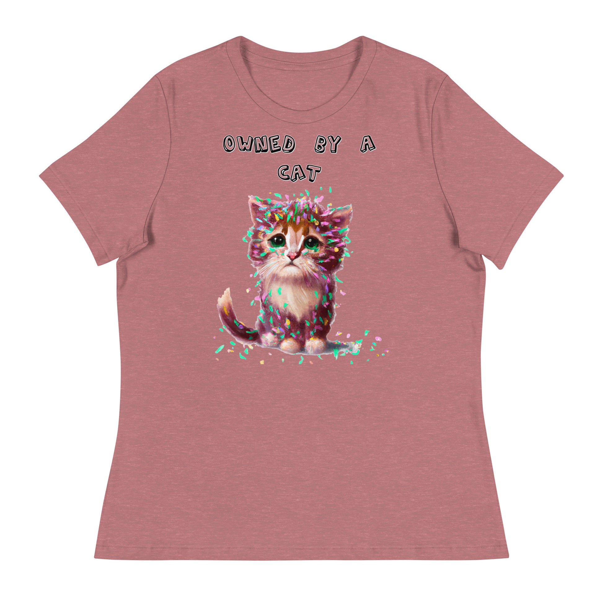 Women's White T-Shirt with Sad Kitten Covered In Confetti with a text "Owned by a Cat" at $25.97 found at Personalizedpetlovergifts