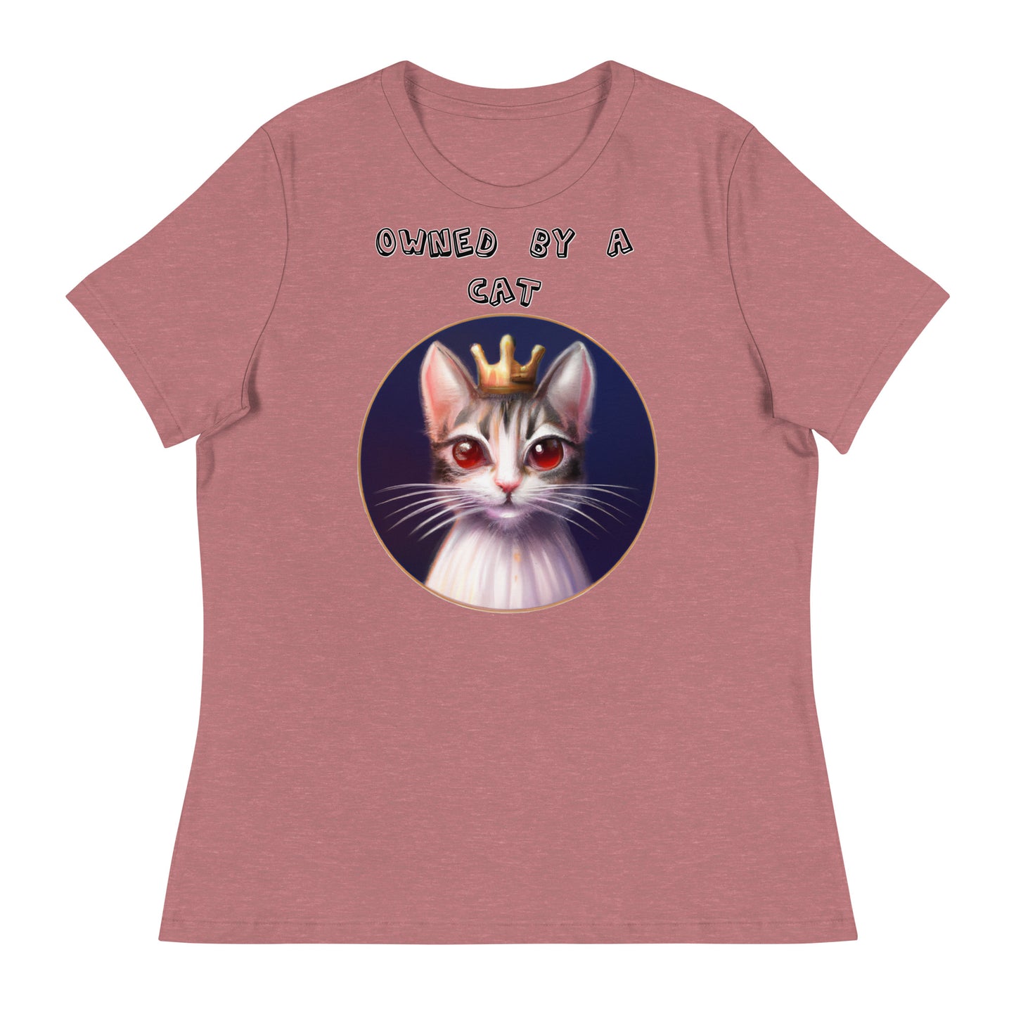 Women's White T-Shirt with Princess Cat With Red Eyes with a text "Owned by a Cat" at $25.97 found at Personalizedpetlovergifts