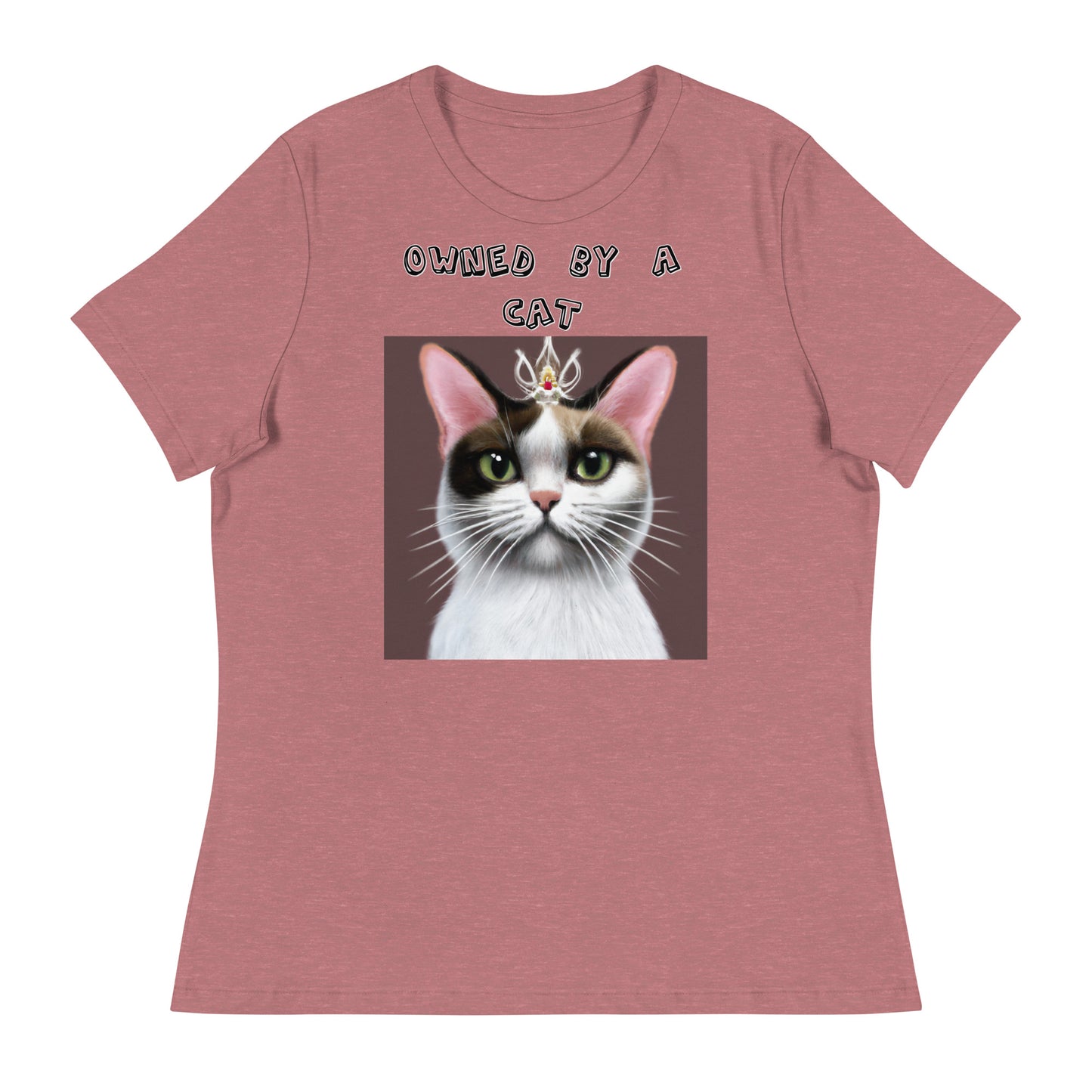 Women's White T-Shirt with Princess Cat With a Tiara with a text "Owned by a Cat" at $25.97 found at Personalizedpetlovergifts