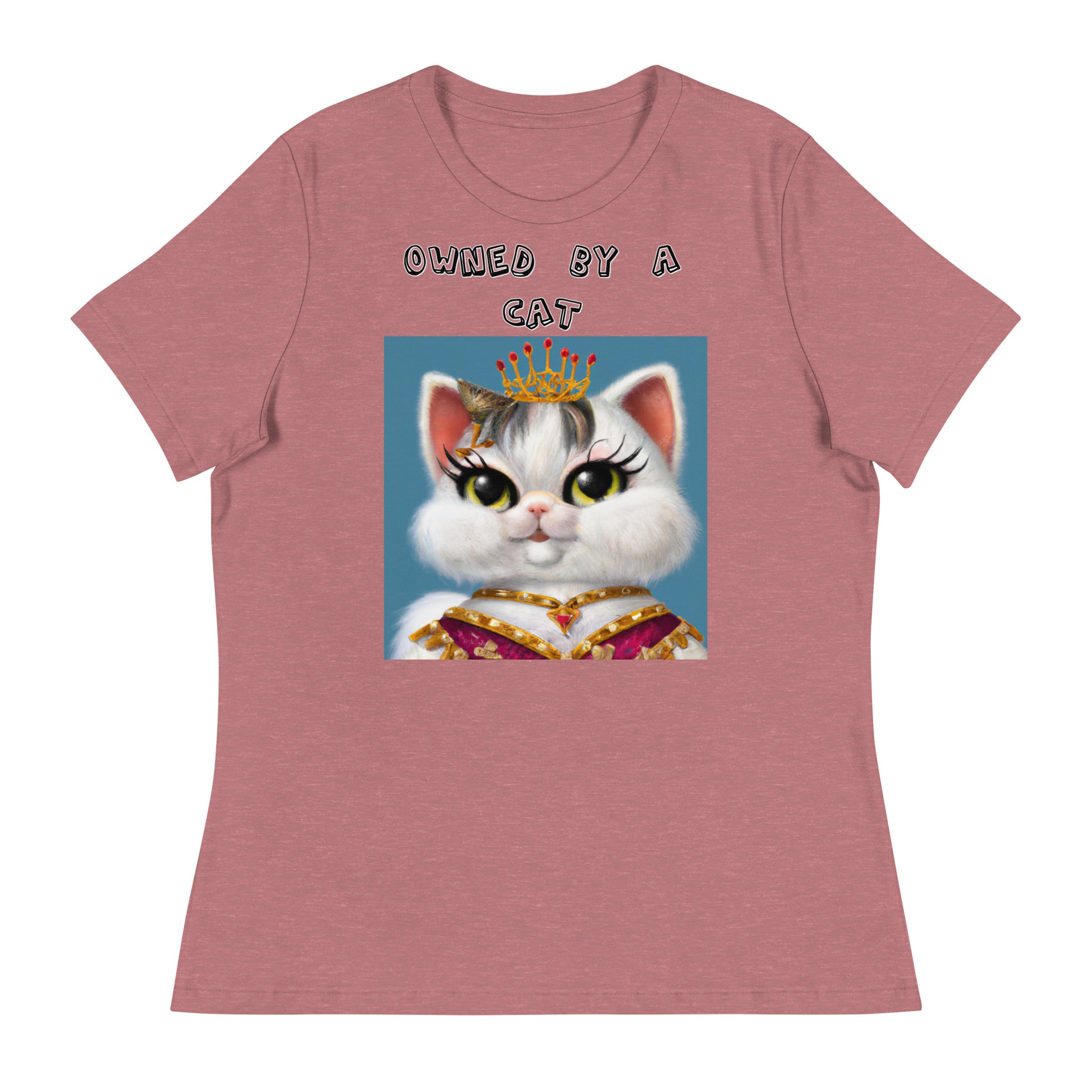 Women's White T-Shirt with Pretty Queen Cat with a text "Owned by a Cat" at $25.97 found at Personalizedpetlovergifts