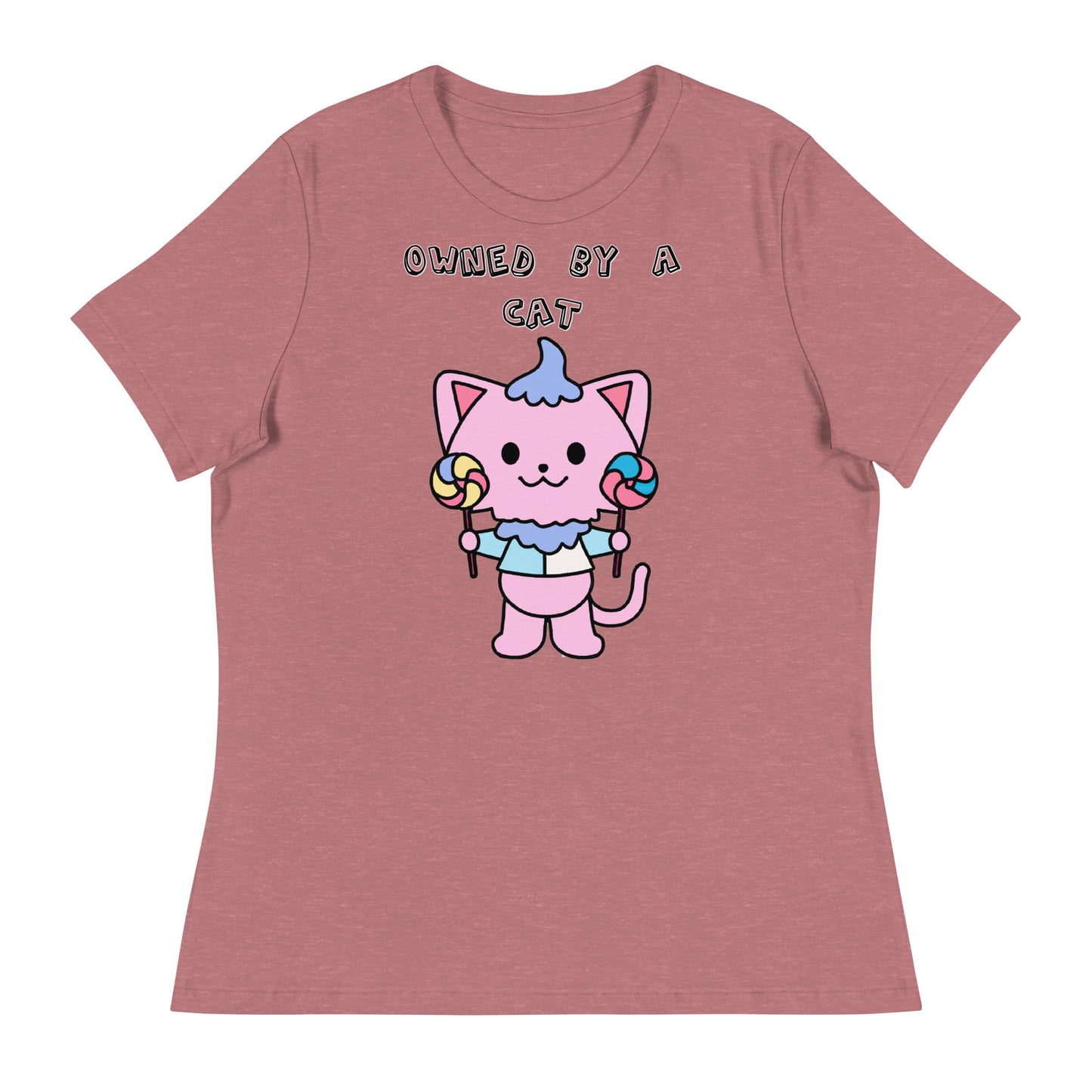 Women's White T-Shirt with Pink Kitten With Lollipops with a text "Owned by a Cat" at $25.97 found at Personalizedpetlovergifts