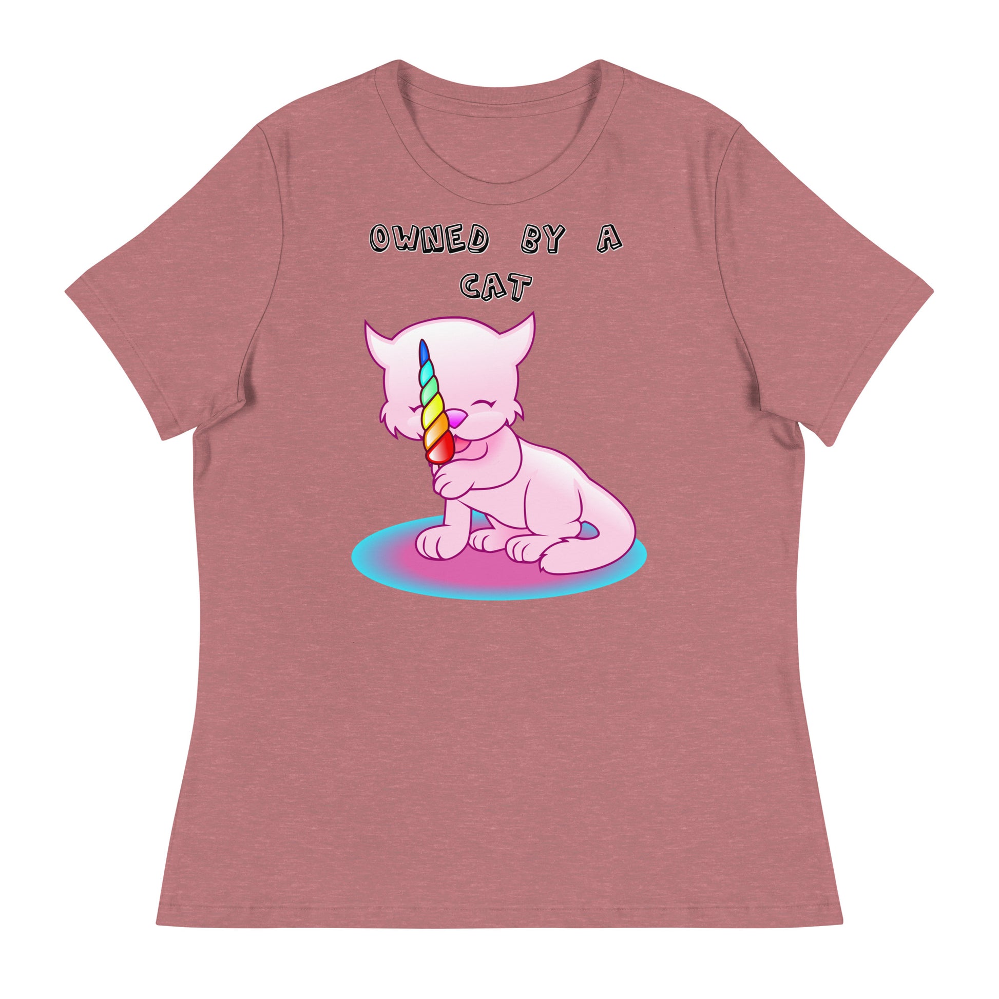 Women's White T-Shirt with Pink Kitten Licking Candy with a text "Owned by a Cat" at $25.97 found at Personalizedpetlovergifts