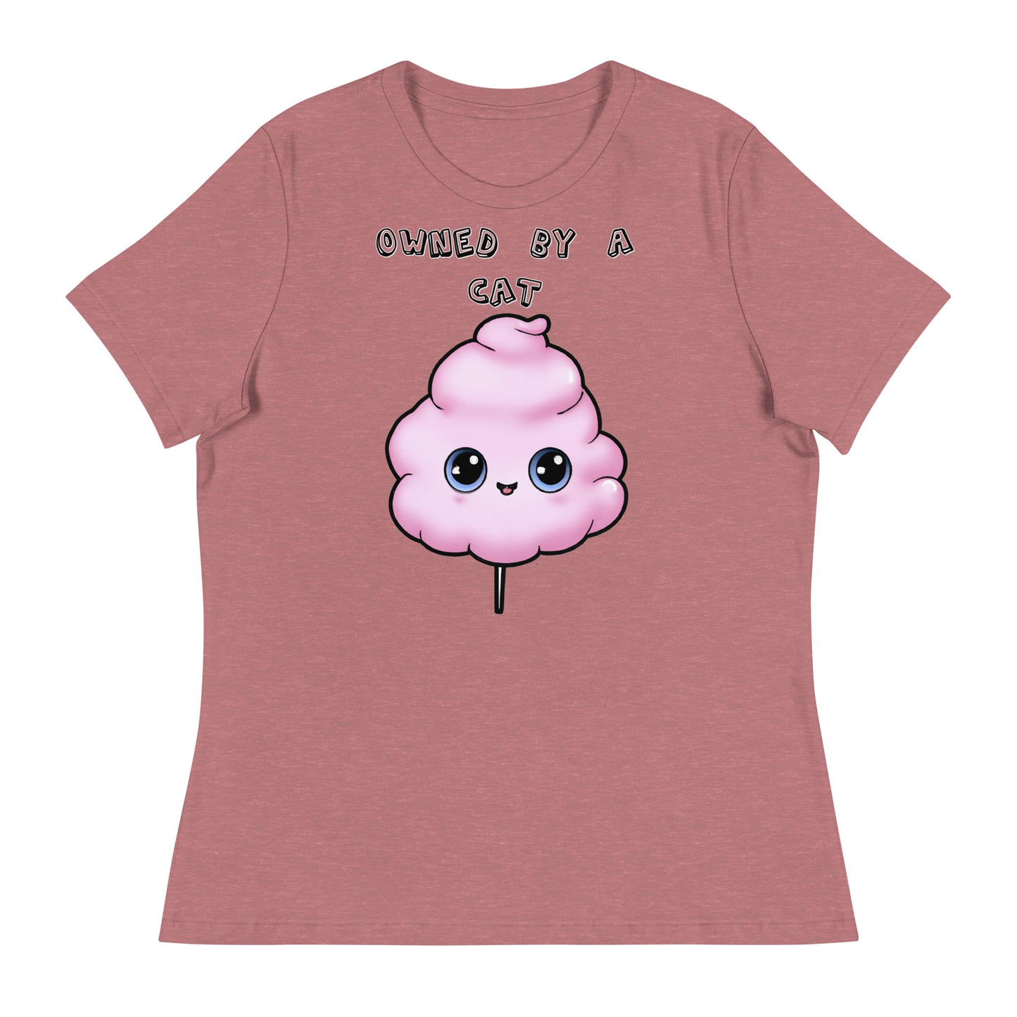 Women's White T-Shirt with Pink Cotton Candy With Cute Eyes with a text "Owned by a Cat" at $25.97 found at Personalizedpetlovergifts