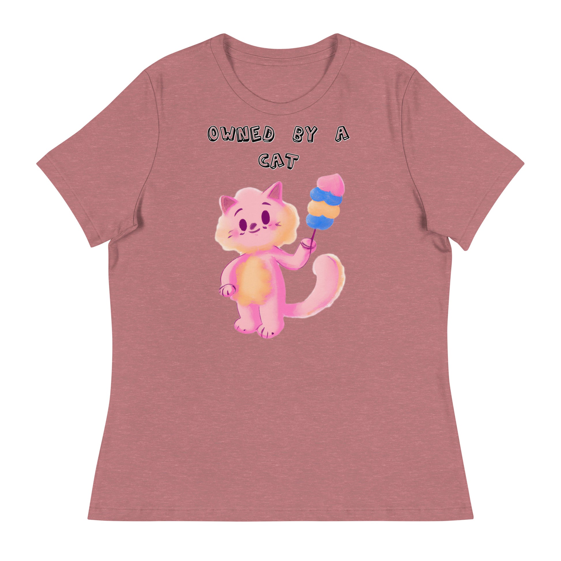 Women's White T-Shirt with Pink Cat With Cotton Candy with a text "Owned by a Cat" at $25.97 found at Personalizedpetlovergifts