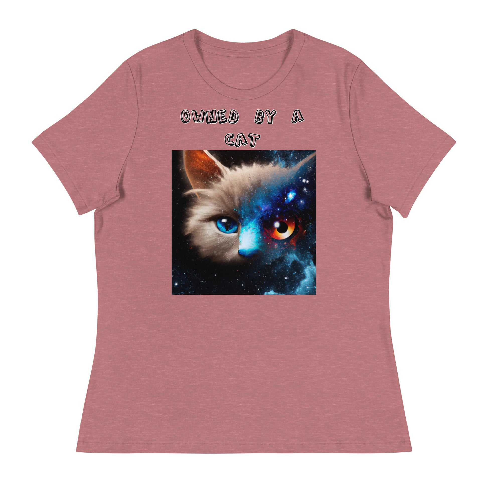 Women's White T-Shirt with Multi Colored Eyed Cat with a text "Owned by a Cat" at $25.97 found at Personalizedpetlovergifts