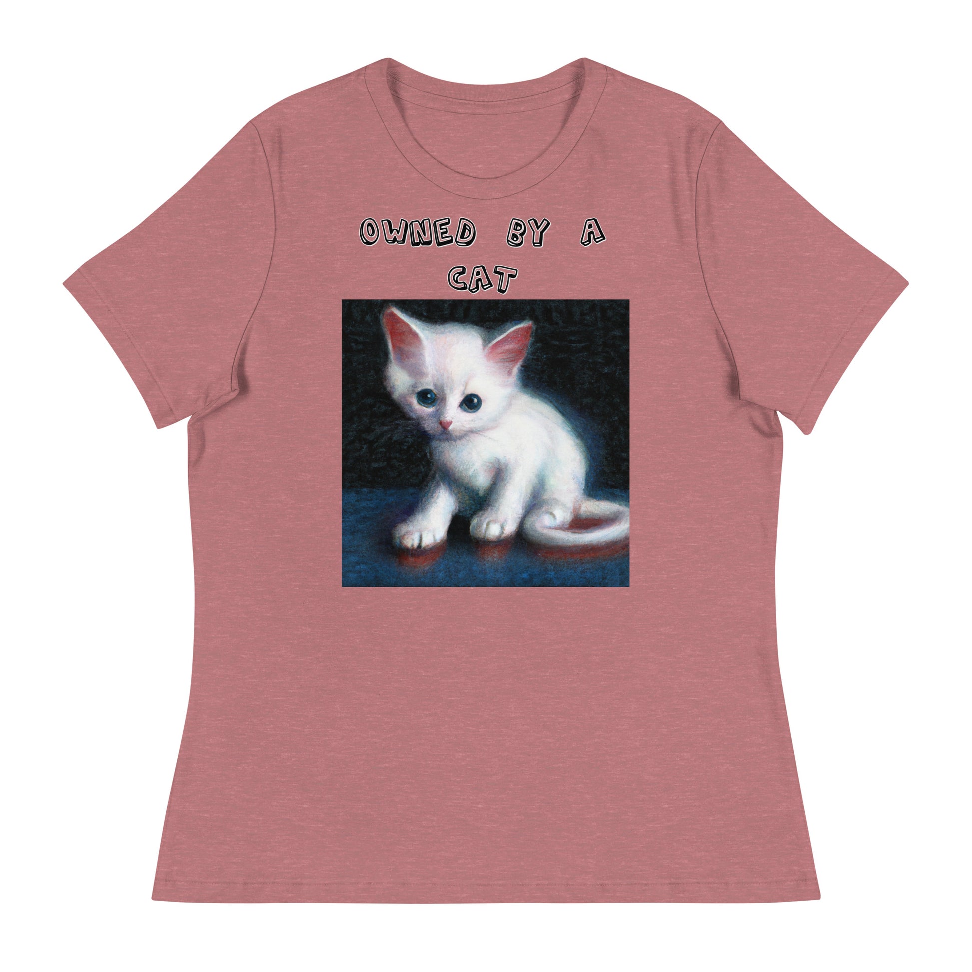 Women's White T-Shirt with Little Kitten with a text "Owned by a Cat" at $25.97 found at Personalizedpetlovergifts