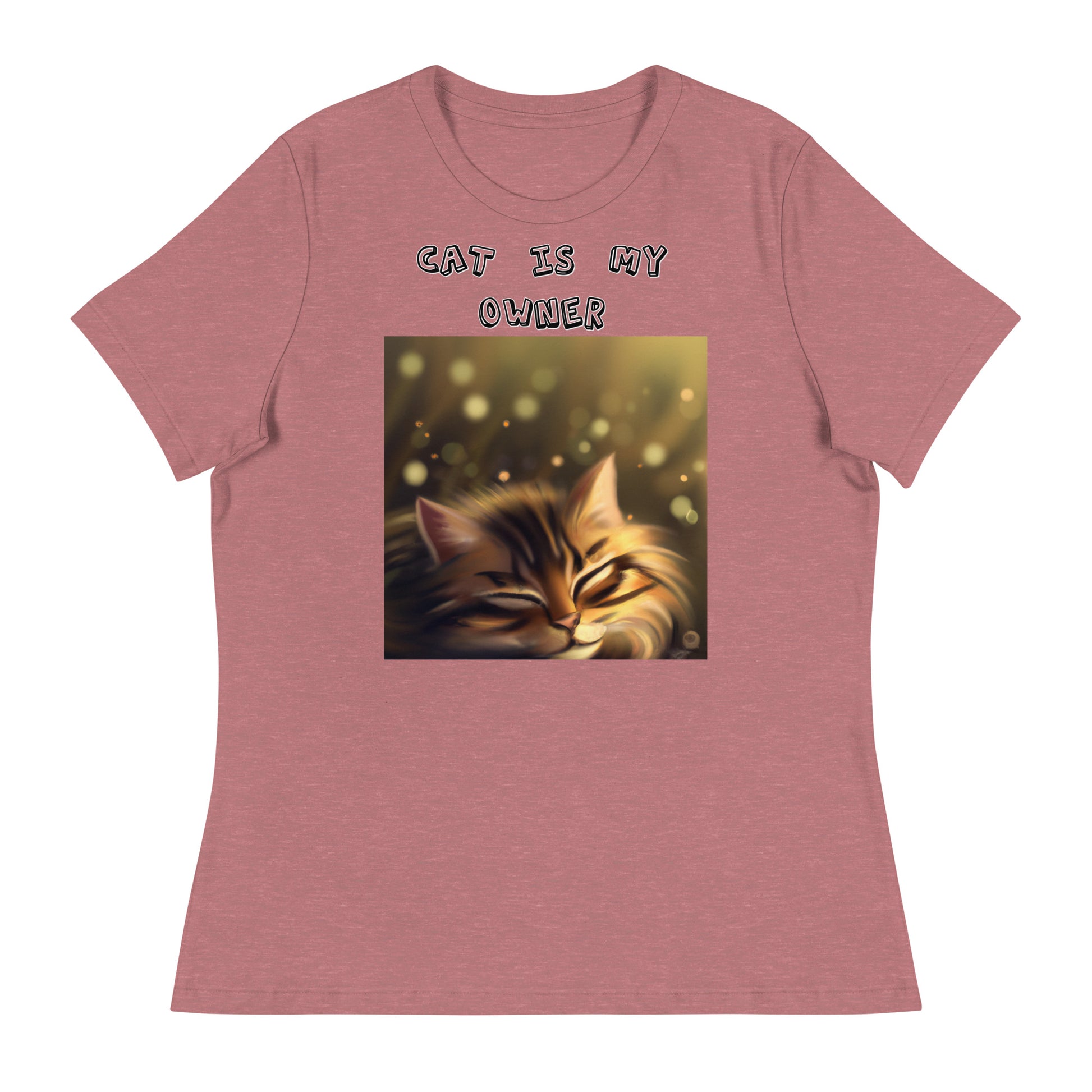 Women's White T-Shirt with Sleepy Cat with a text "Cat Is My Owner" at $25.97 found at Personalizedpetlovergifts