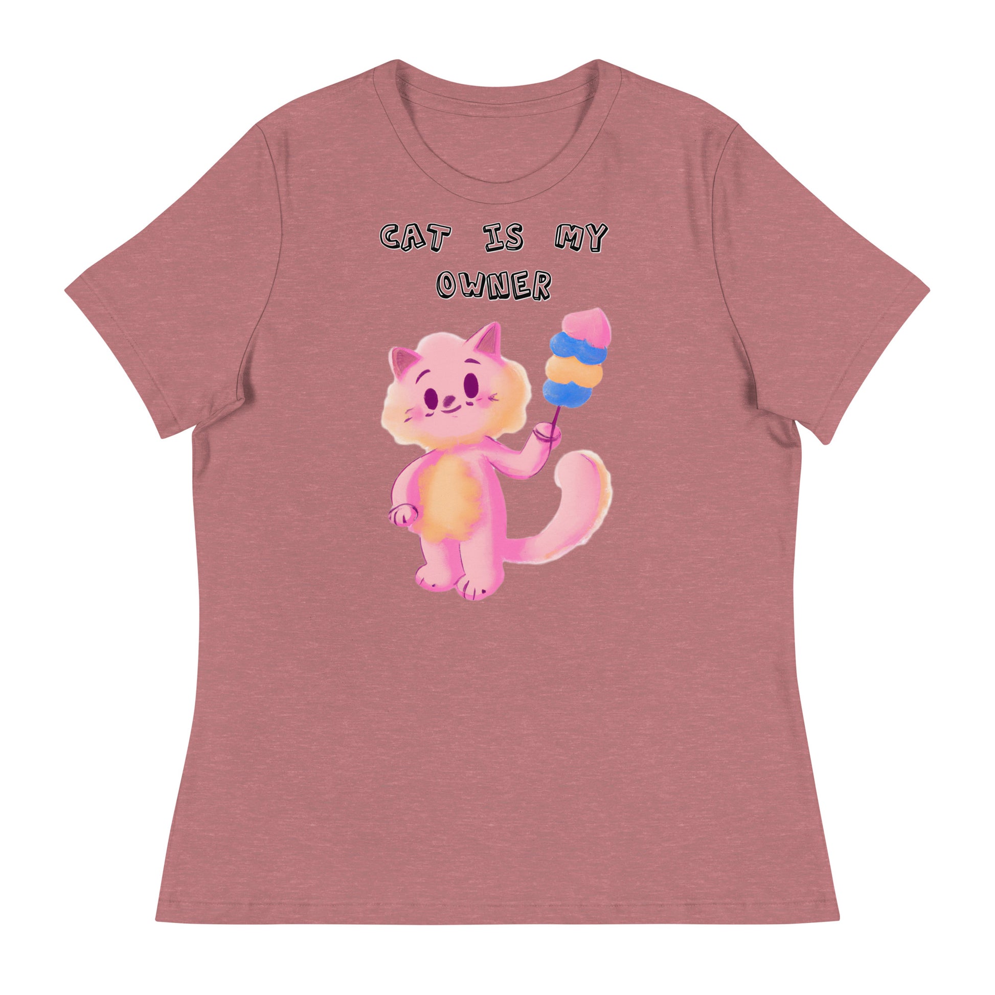 Women's White T-Shirt with Pink Cat With Cotton Candy with a text "Cat Is My Owner" at $25.97 found at Personalizedpetlovergifts