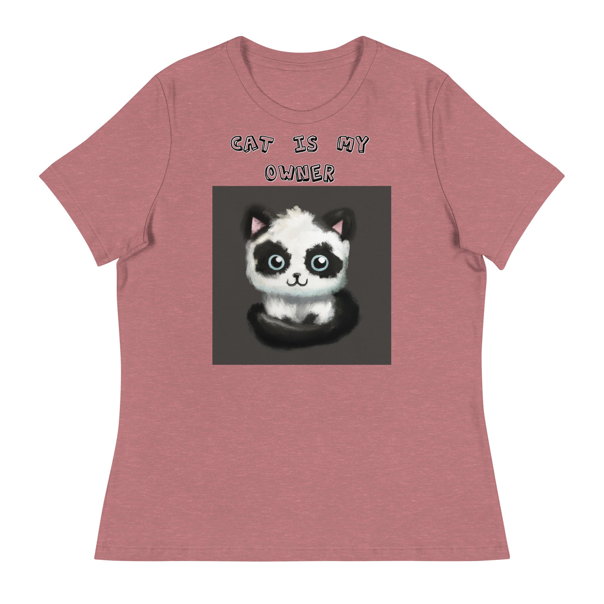 Women's White T-Shirt with Panda Colored Kitten with a text "Cat Is My Owner" at $25.97 found at Personalizedpetlovergifts