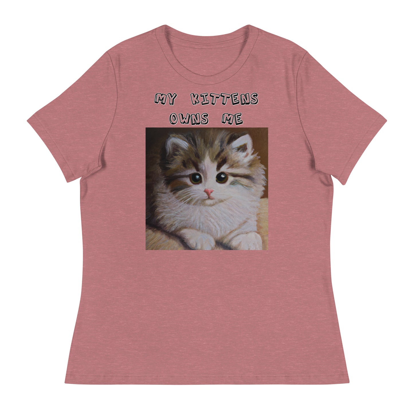 Women's White T-Shirt with Small Fluffy Kitten Painting with a text "My Kittens Own Me" at $25.97 found at Personalizedpetlovergifts