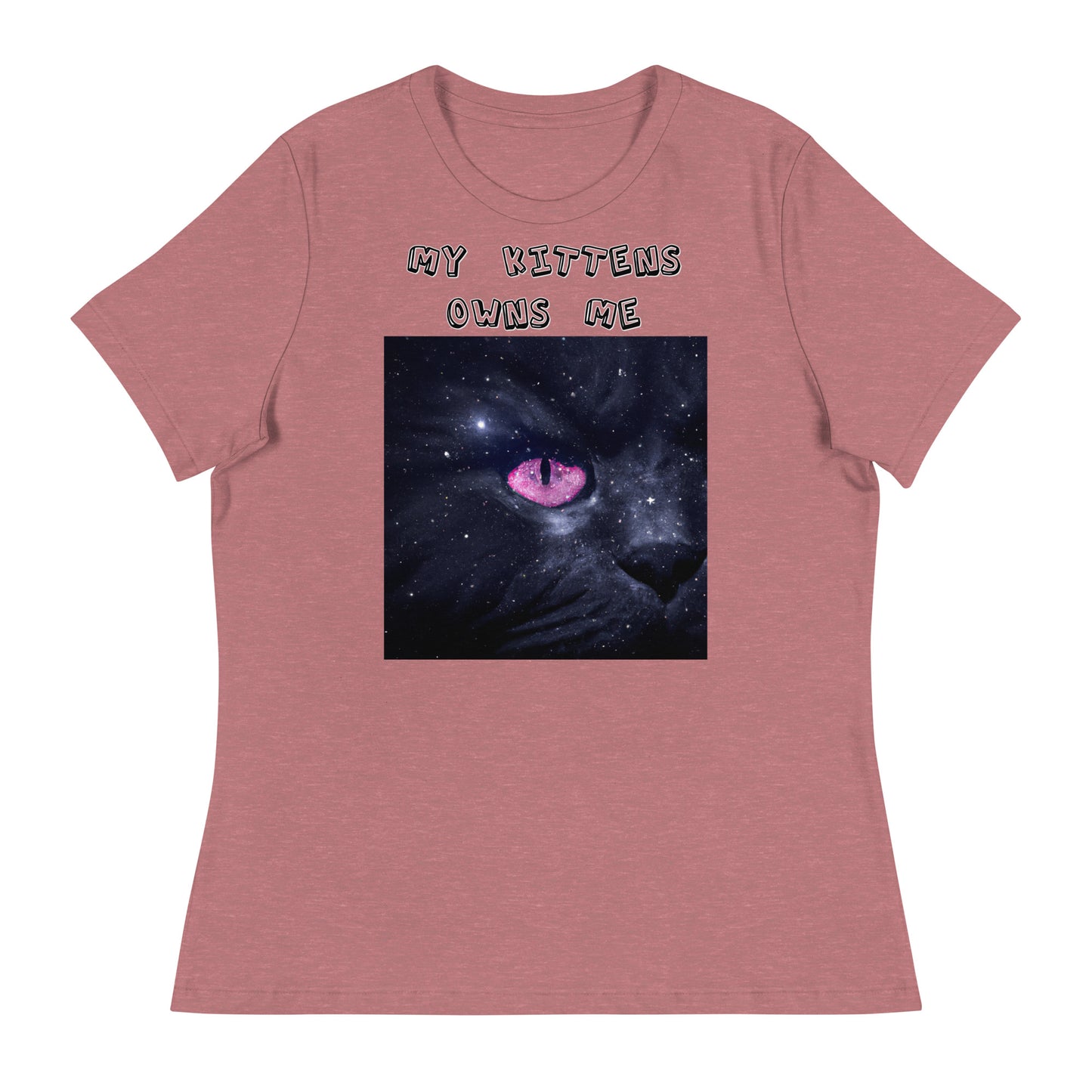 Women's White T-Shirt with Pink Galaxy Eyed Cat with a text "My Kittens Own Me" at $25.97 found at Personalizedpetlovergifts