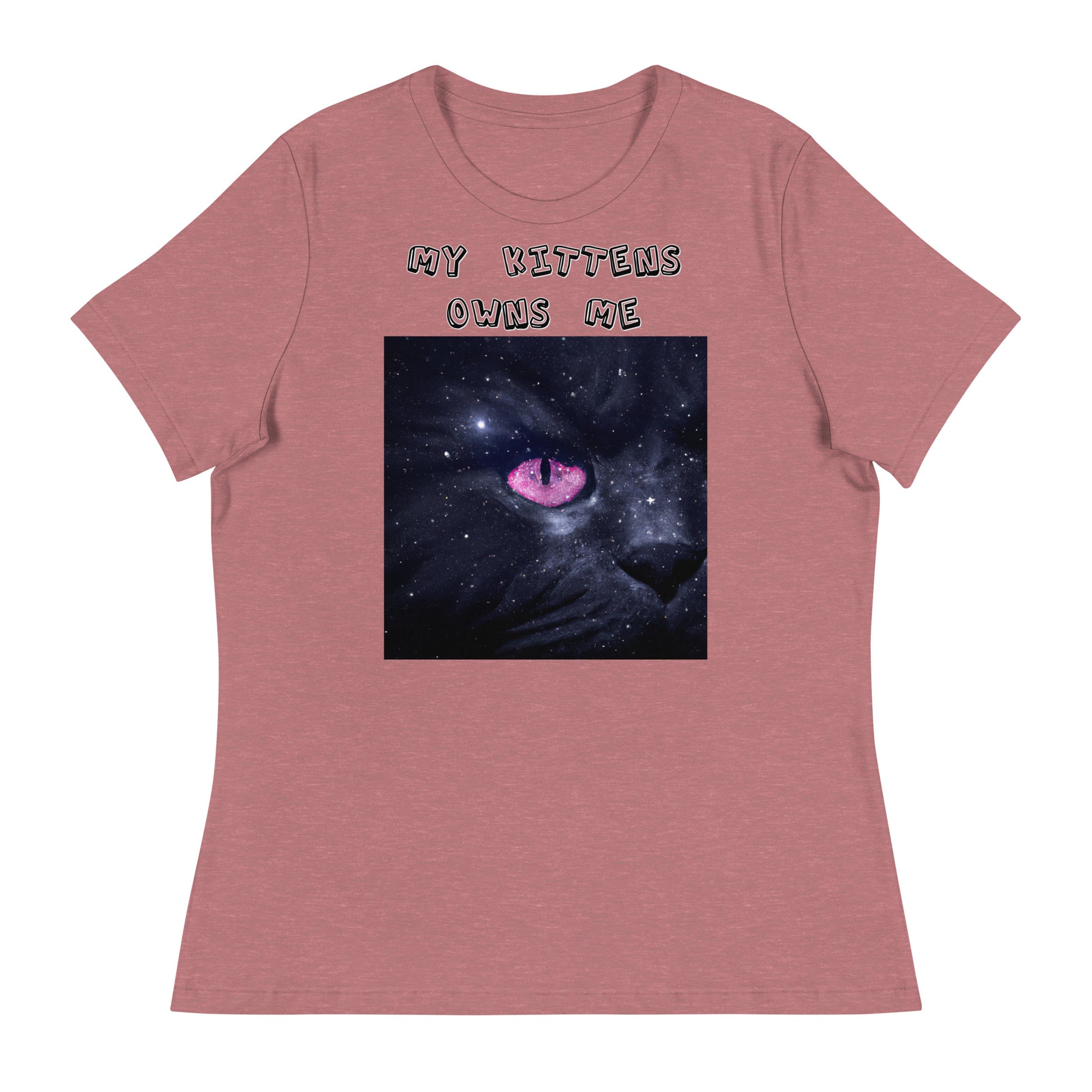 Women's White T-Shirt with Pink Galaxy Eyed Cat with a text "My Kittens Own Me" at $25.97 found at Personalizedpetlovergifts