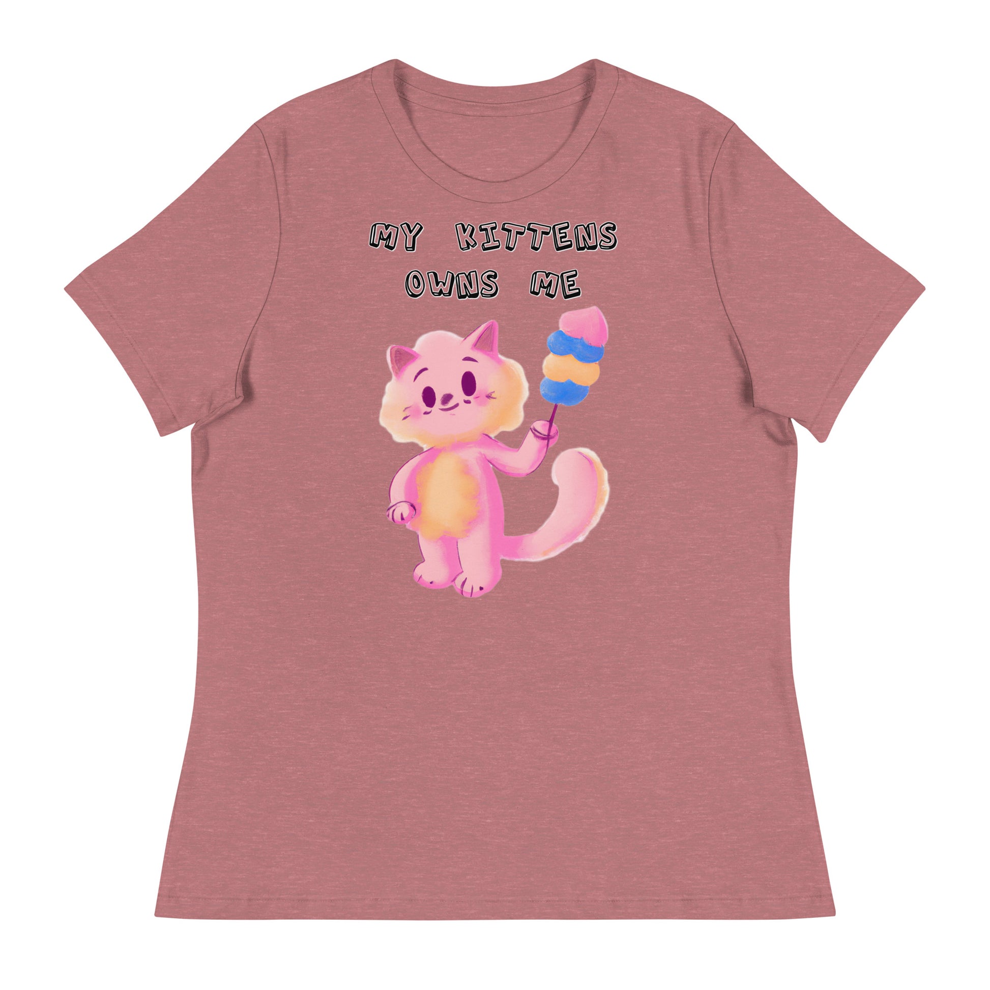 Women's White T-Shirt with Pink Cat With Cotton Candy with a text "My Kittens Own Me" at $25.97 found at Personalizedpetlovergifts