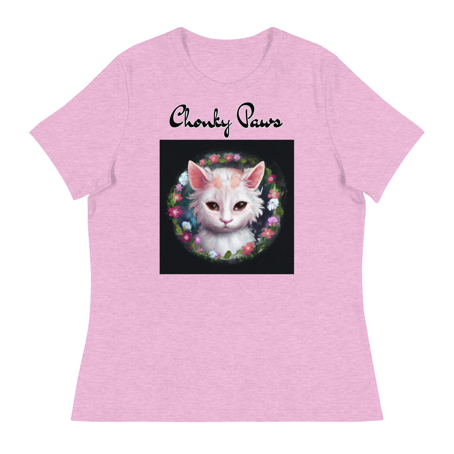 Women's T-Shirt with Kitten In a Floral Circle with a text "Chonky Paws" at $25.97 found at Personalizedpetlovergifts