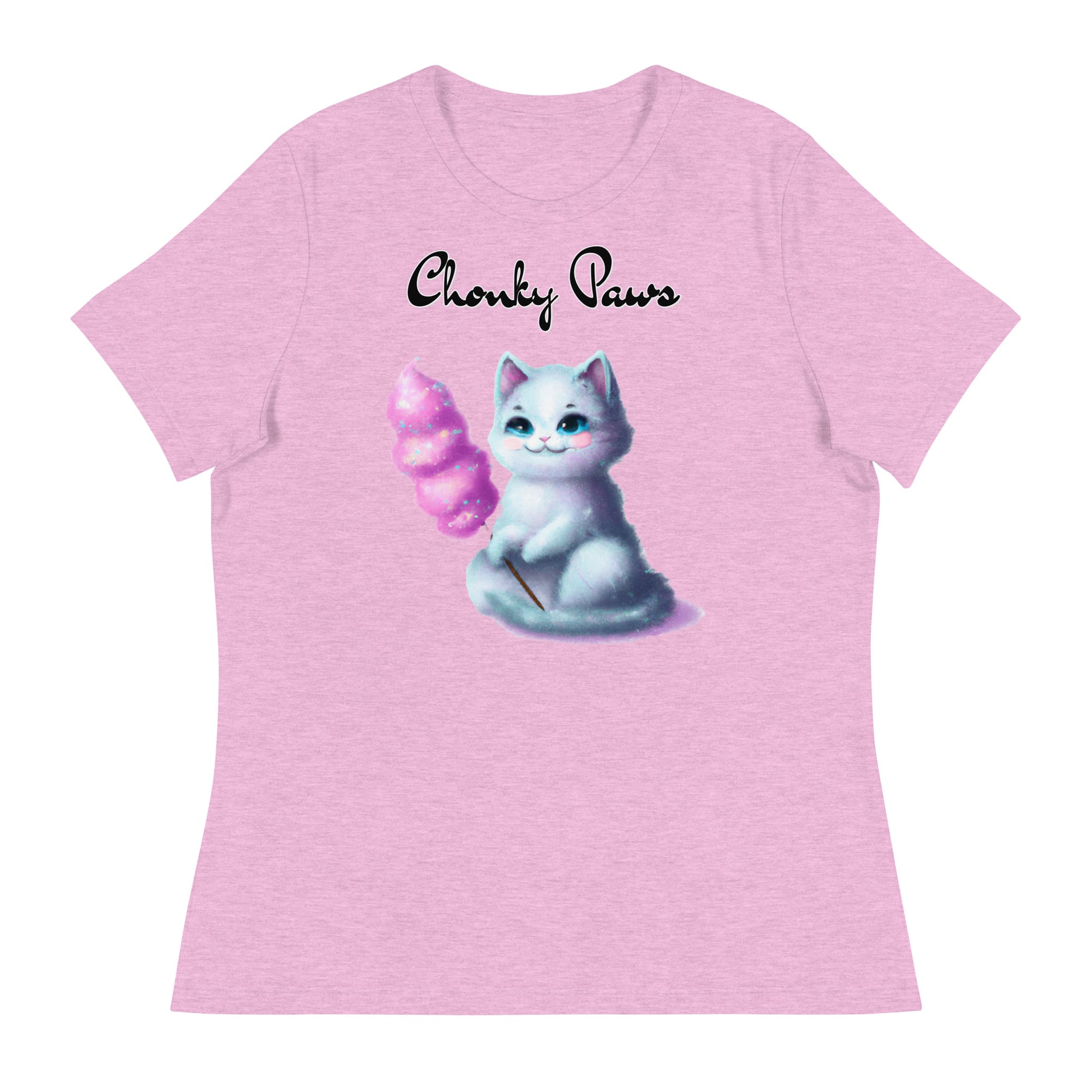 Women's T-Shirt with Kitten Holding A Cotton Candy with a text "Chonky Paws" at $25.97 found at Personalizedpetlovergifts