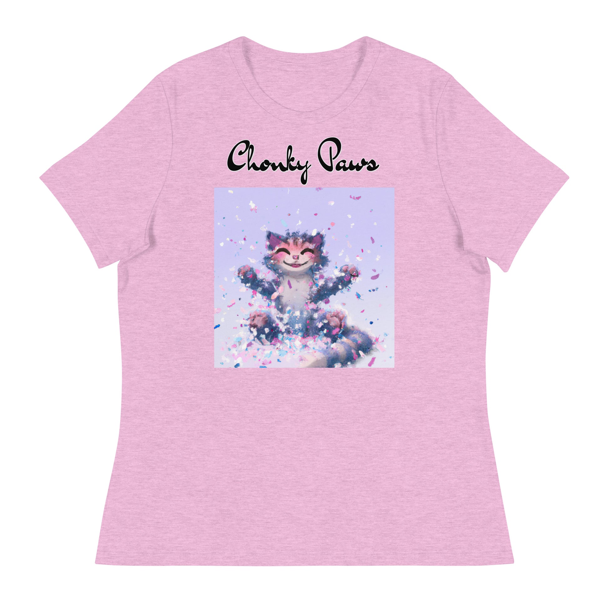 Women's T-Shirt with Kitten Enjoying Confetti with a text "Chonky Paws" at $25.97 found at Personalizedpetlovergifts