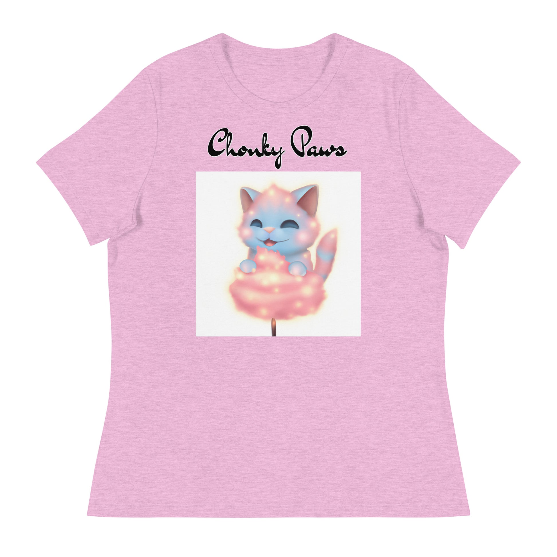 Women's T-Shirt with Kitten Enjoying a Cotton Candy with a text "Chonky Paws" at $25.97 found at Personalizedpetlovergifts