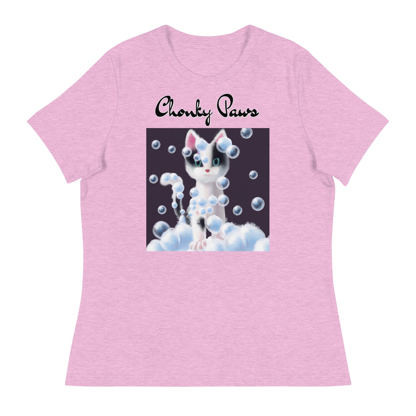 Women's T-Shirt with Kitten Covered In Bubbles with a text "Chonky Paws" at $25.97 found at Personalizedpetlovergifts