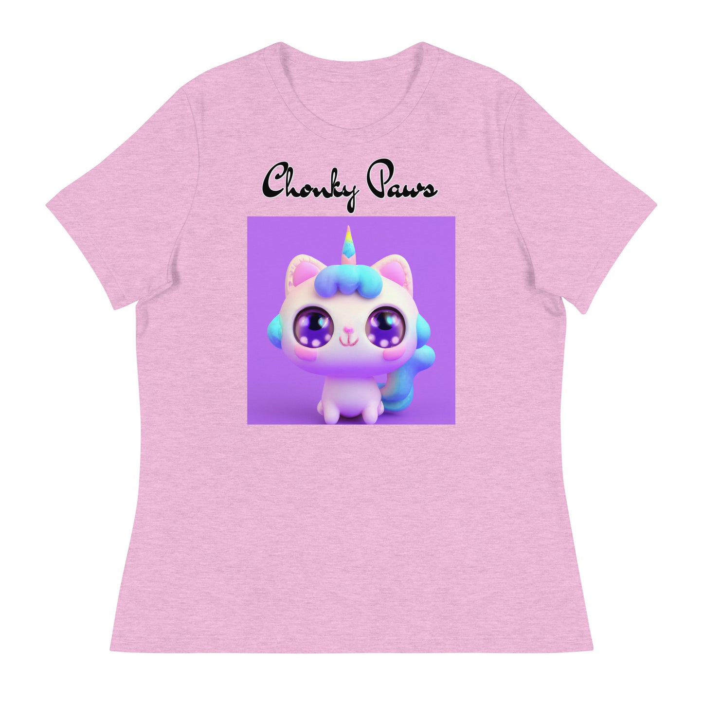 Women's T-Shirt with Happy Unicorn Kitten with a text "Chonky Paws" at $25.97 found at Personalizedpetlovergifts