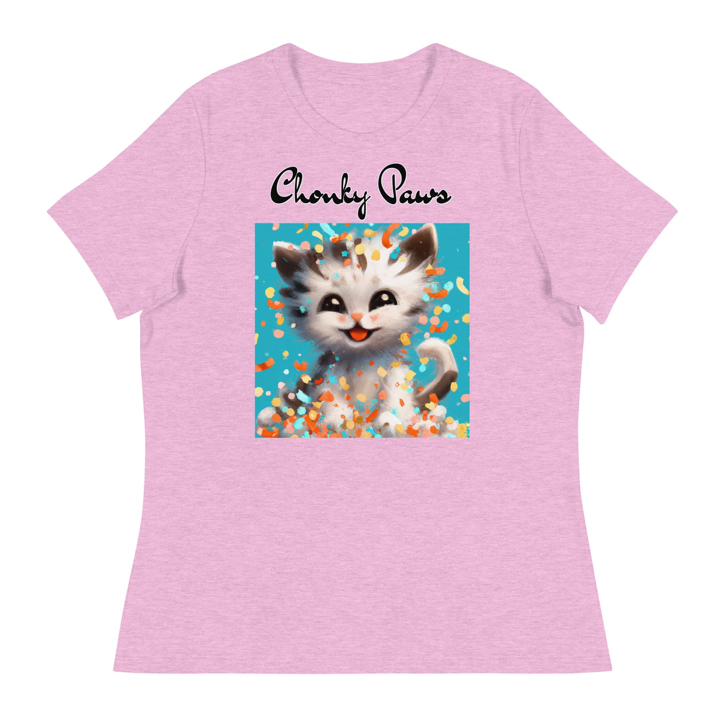 Women's T-Shirt with Happy Kitten With Confetti with a text "Chonky Paws" at $25.97 found at Personalizedpetlovergifts