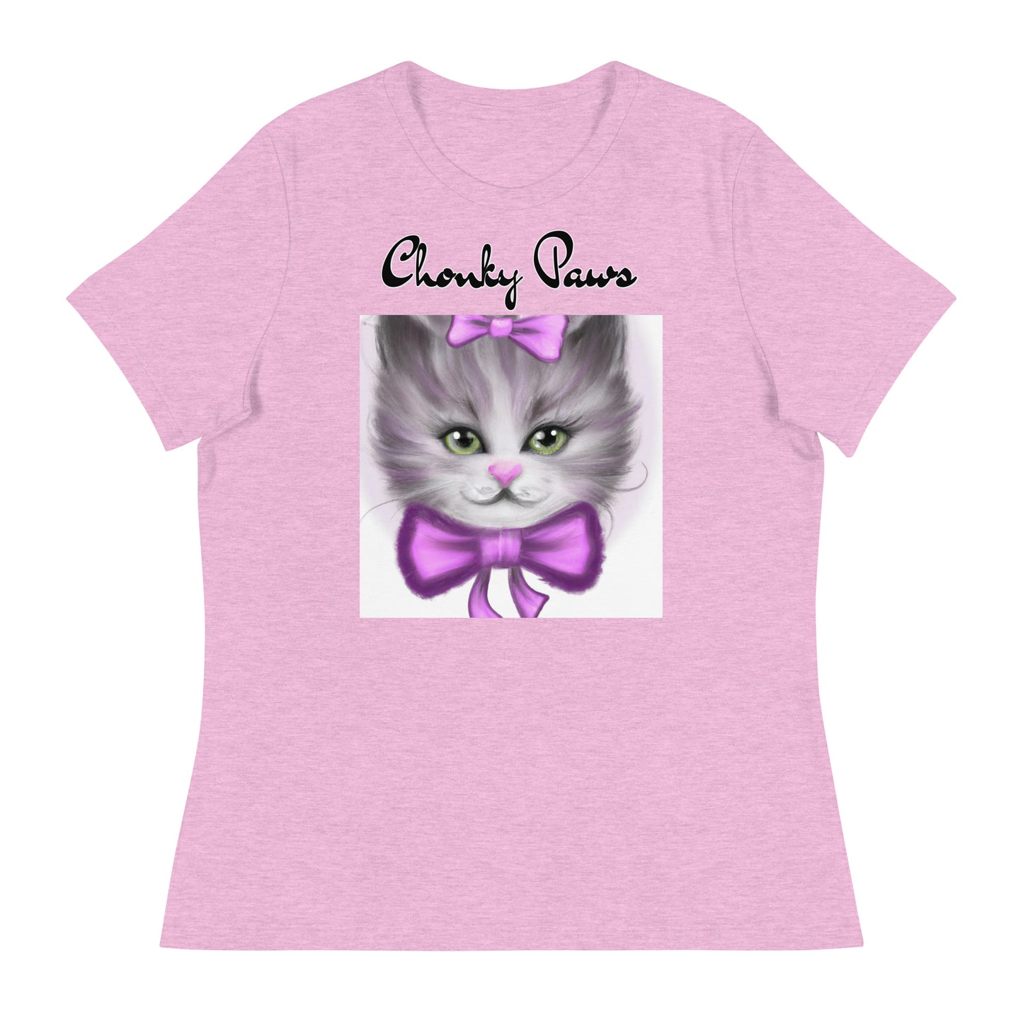 Women's T-Shirt with Happy Kitten With a Purple Bow with a text "Chonky Paws" at $25.97 found at Personalizedpetlovergifts