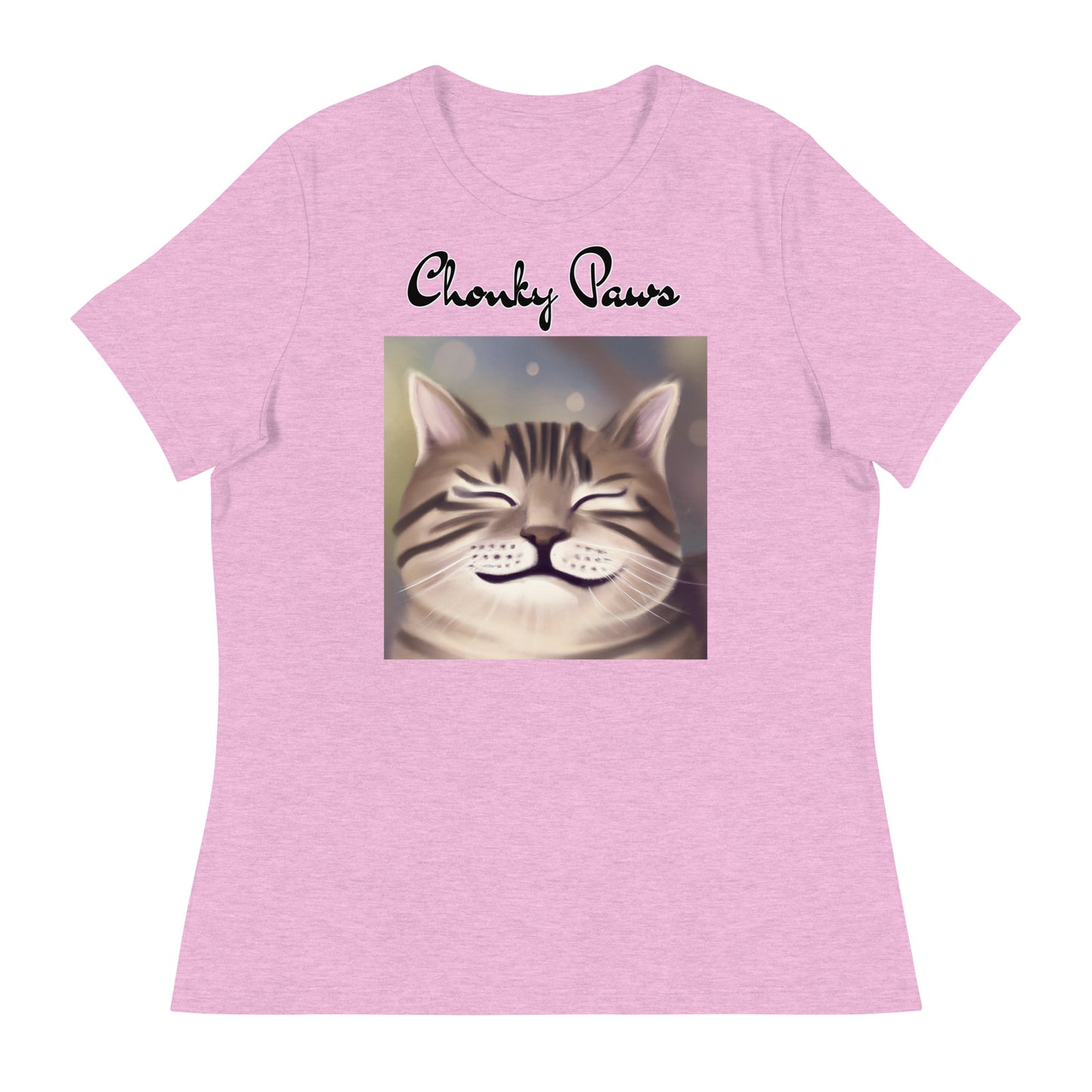 Women's T-Shirt with Happy Cat Purring with a text "Chonky Paws" at $25.97 found at Personalizedpetlovergifts