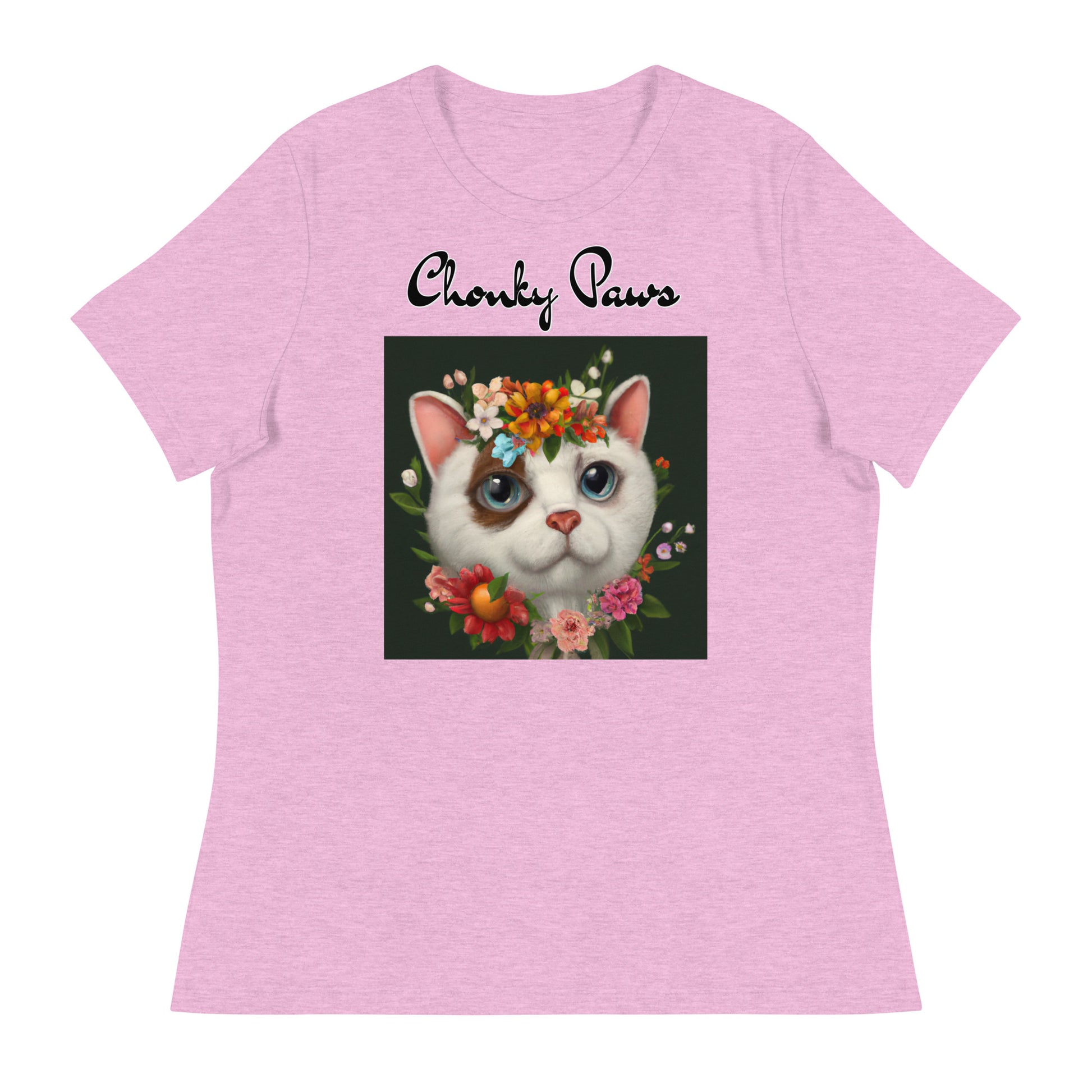 Women's T-Shirt with Happy Cat Portrait With Flowers with a text "Chonky Paws" at $25.97 found at Personalizedpetlovergifts