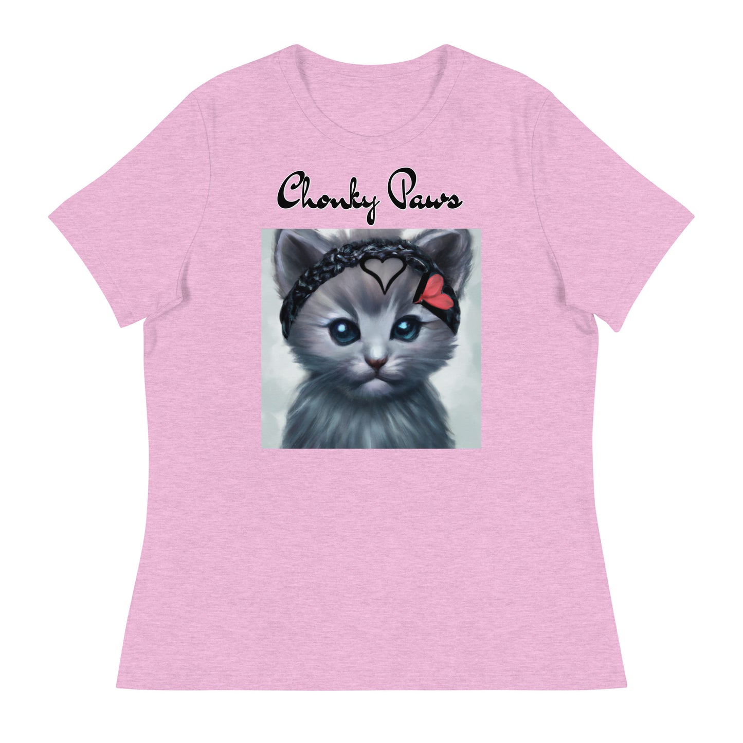 Women's T-Shirt with Grey Kitten With a Headband with a text "Chonky Paws" at $25.97 found at Personalizedpetlovergifts