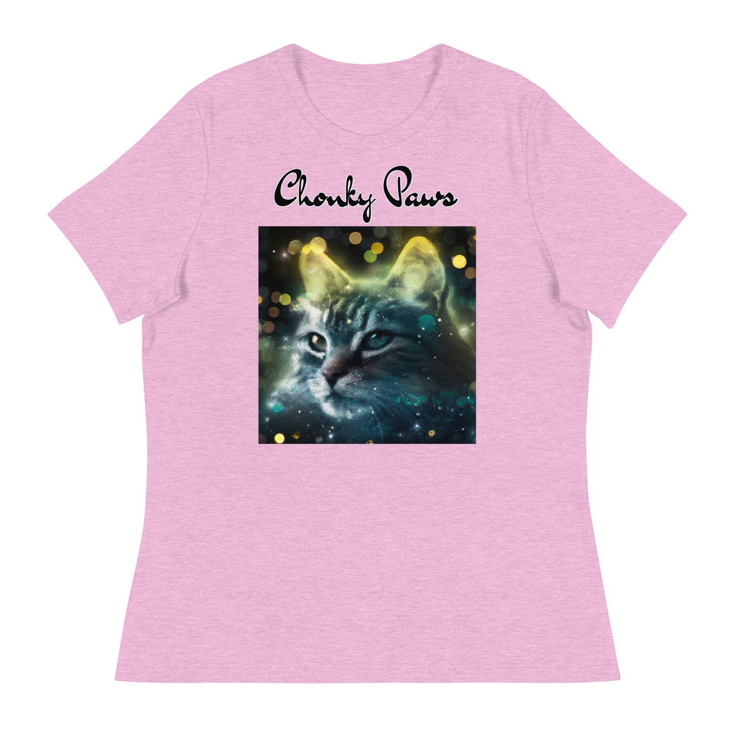 Women's T-Shirt with Green Space Cat with a text "Chonky Paws" at $25.97 found at Personalizedpetlovergifts