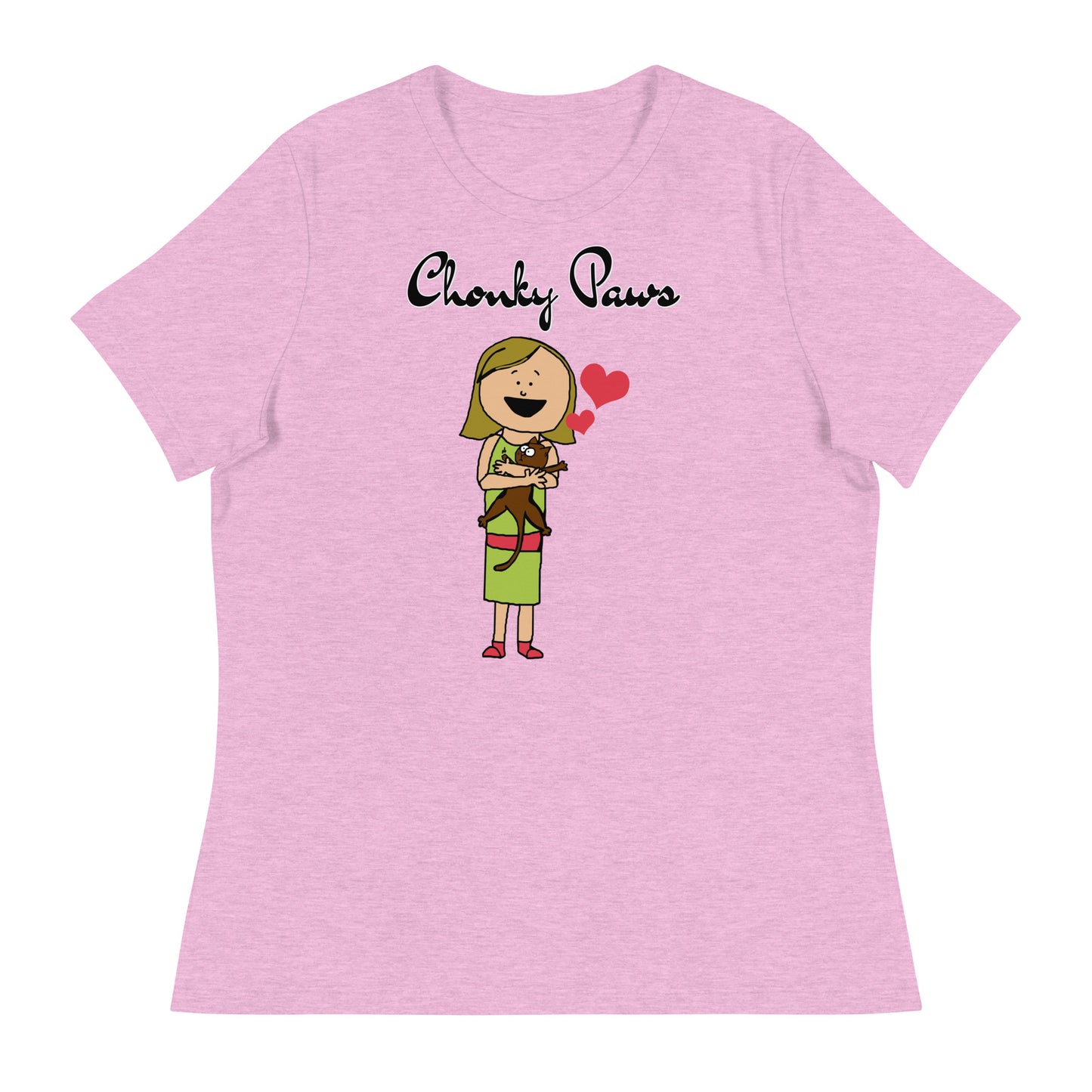 Women's T-Shirt with Girl Holding a Kitten with a text "Chonky Paws" at $25.97 found at Personalizedpetlovergifts